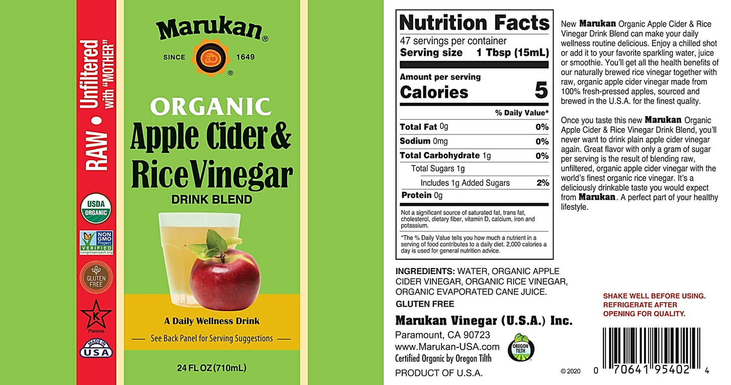 Marukan Organic Apple Cider Vinegar & Rice Vinegar Drink Blend, 24 Fl Oz, Glass Bottle, Pack of 1