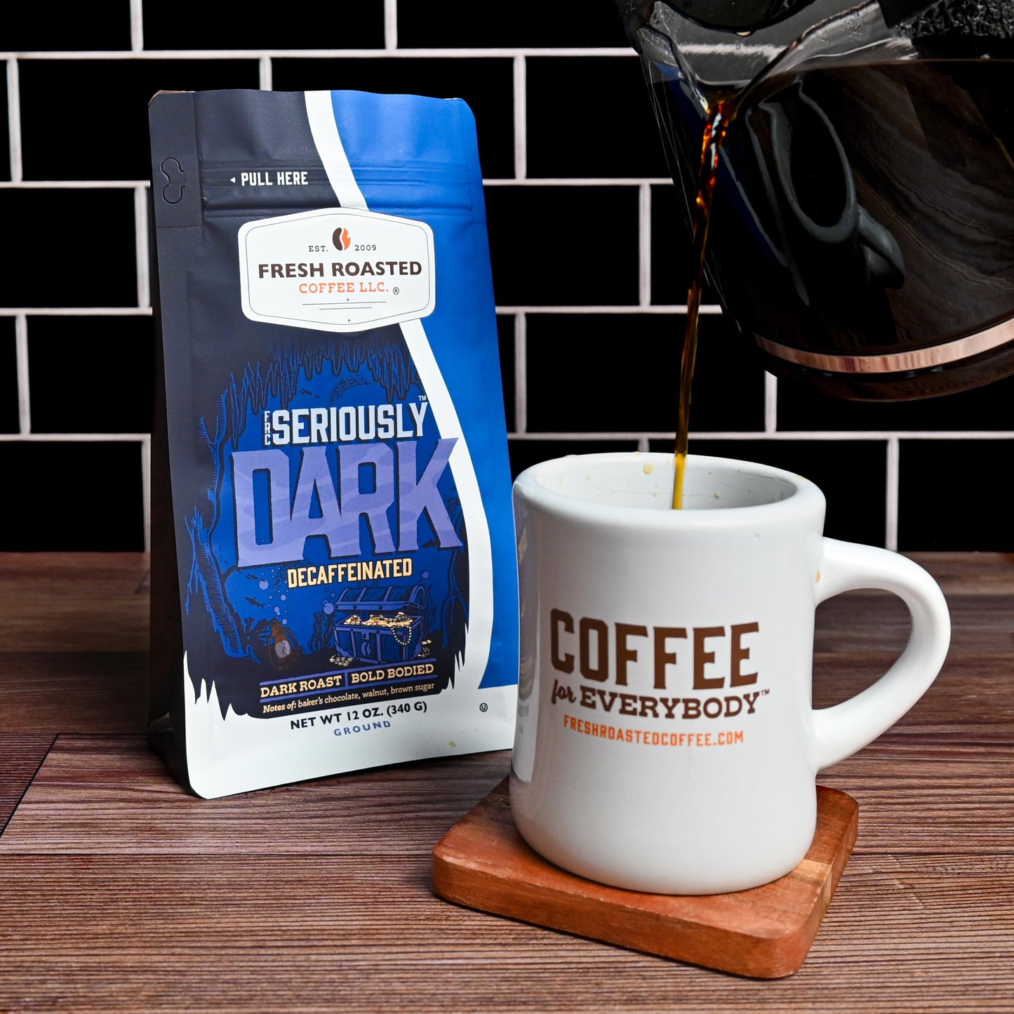 Fresh Roasted Coffee,Seriously Dark Decaf Artisan Blend,12 Oz Dark Roast, Kosher, Whole Bean