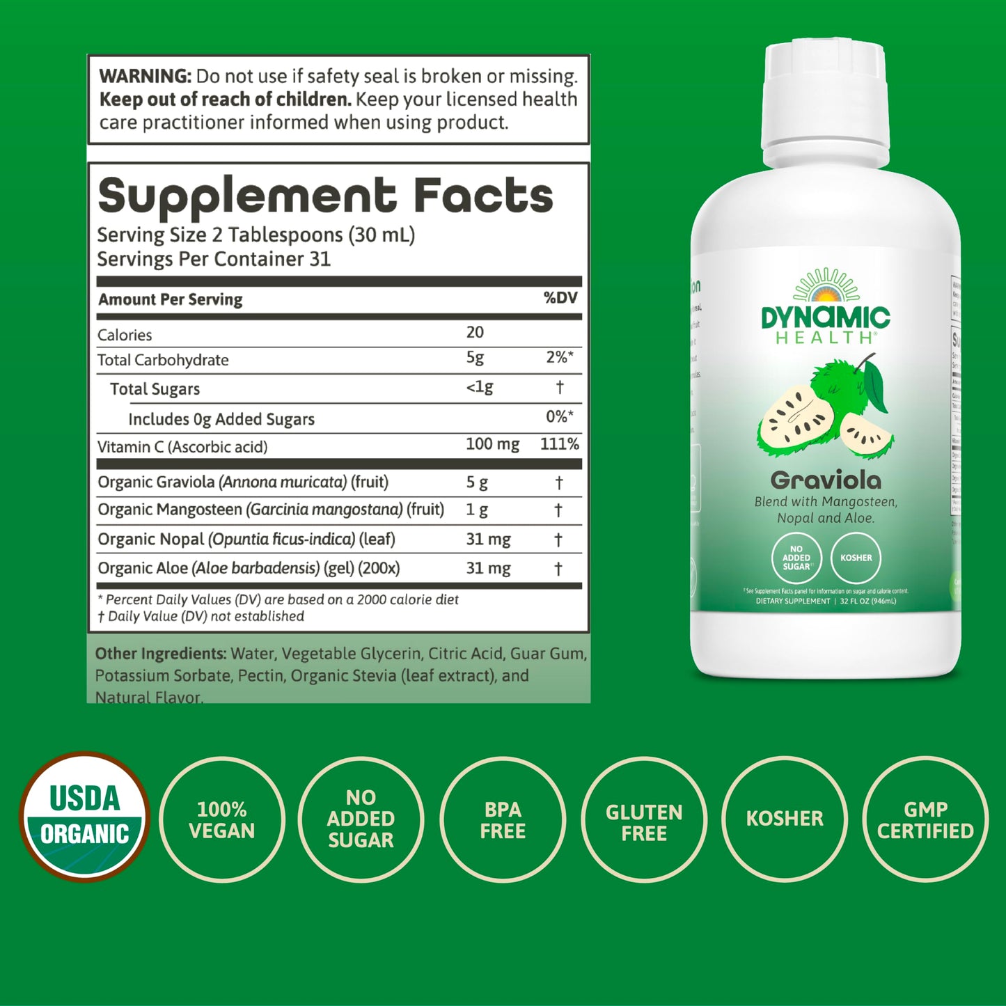 Dynamic Health Graviola Blend, Mangosteen, Nopal And Aloe, 100% Organic, No Additives, Immune System Support, Antioxidant, Vegan, Gluten Free, Non-Gmo, 32 Fl Oz