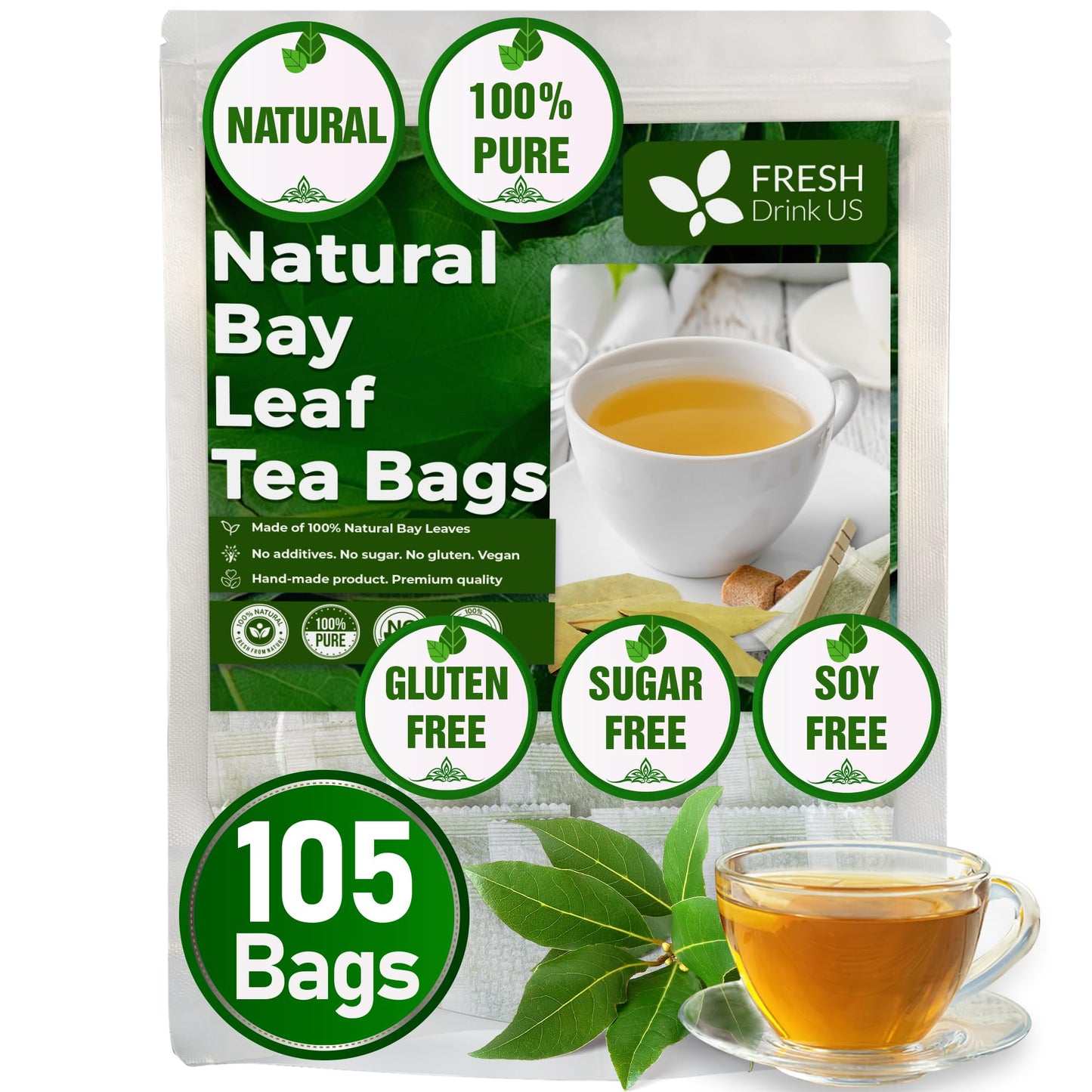 FRESHDRINKUS Bay Leaf Herbal Tea - 100% Natural, Vegan - 105 Tea Bags, No Sugar, No Caffeine, Gluten-Free