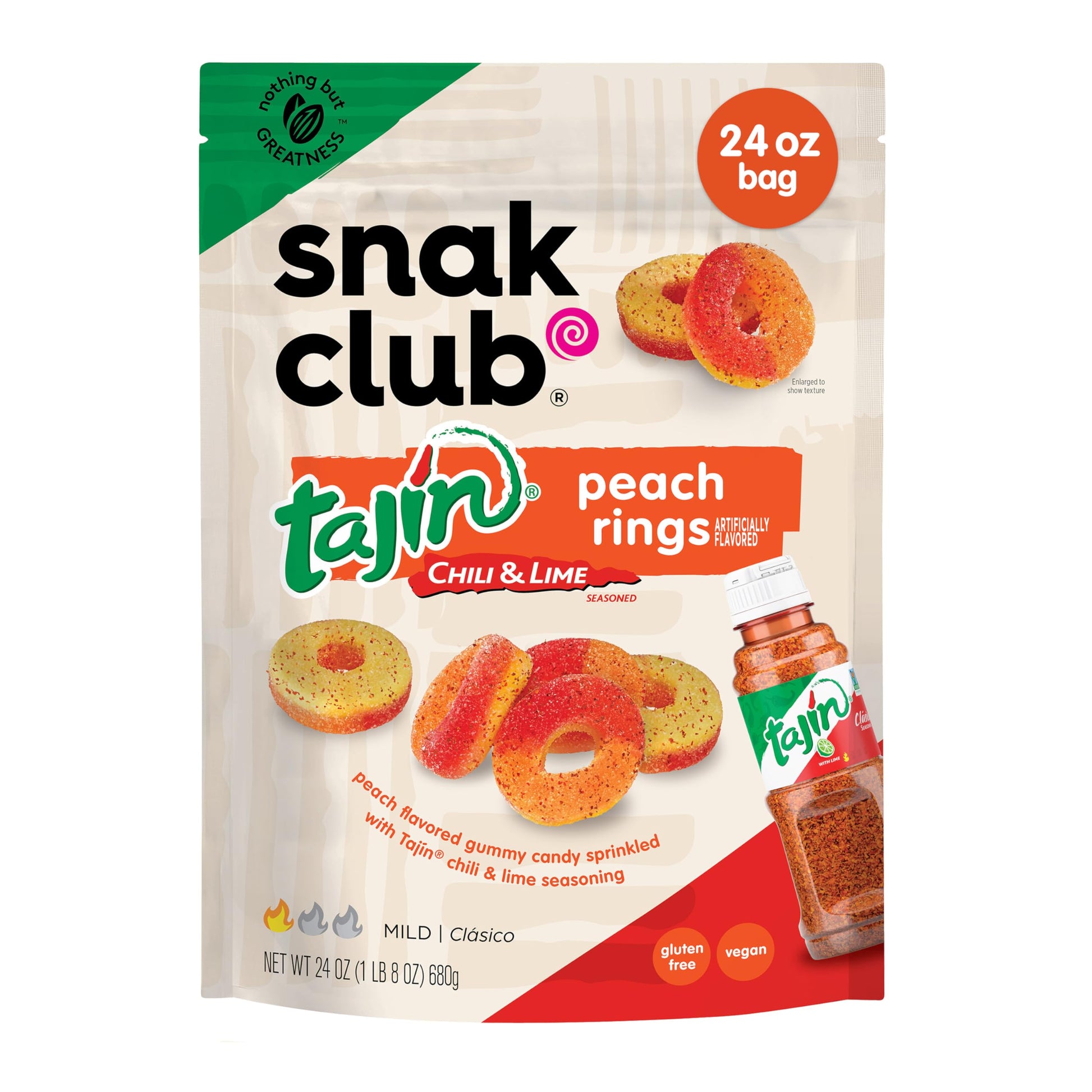 Snak Club Tajin Peach Rings Gummy Candy  Fruit Candy Gummies with Chili and Lime Seasoning  Mild  Gluten-Free and Vegan Snacks  24 oz Resealable Bag