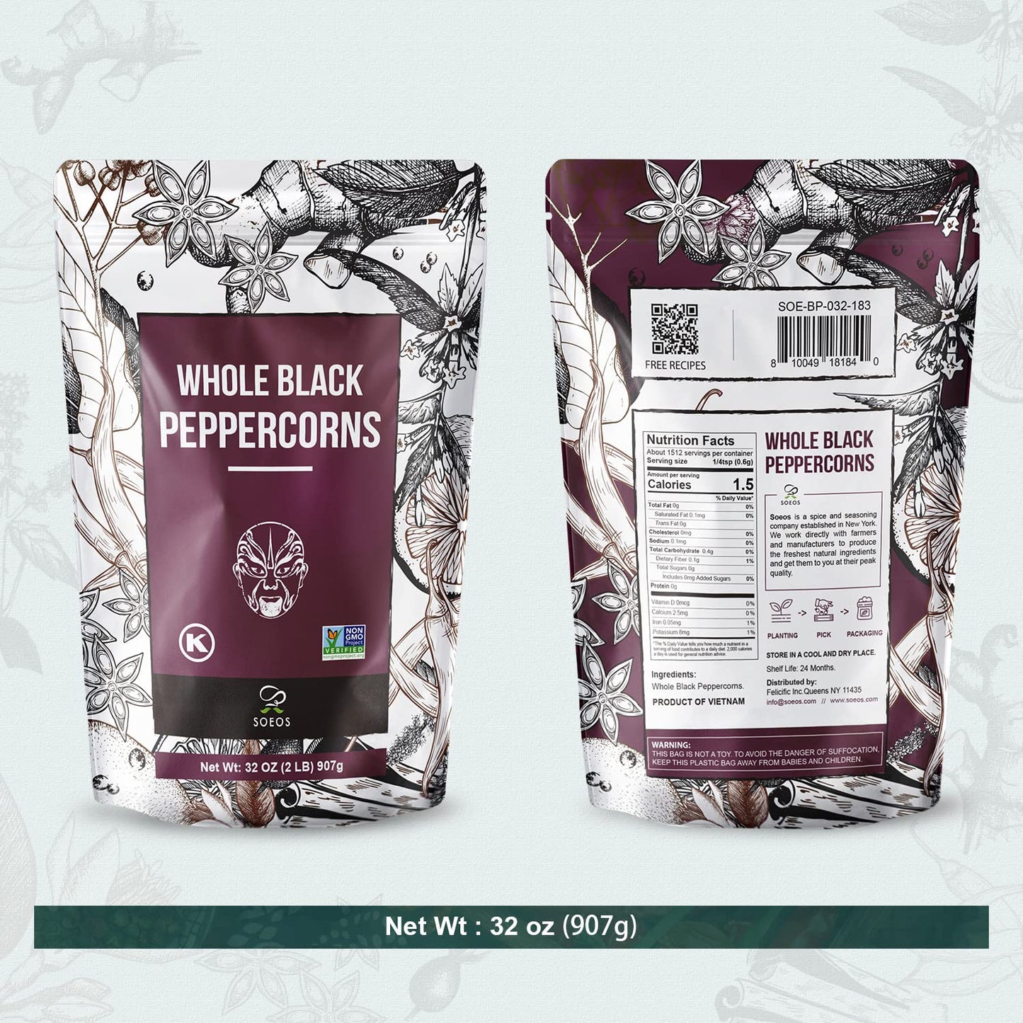Soeos Black Peppercorns, 32oz (Pack of 1), Non-GMO, Kosher, Packed to Keep Peppers Fresh, Peppercorn for Grinder Refill, Whole P