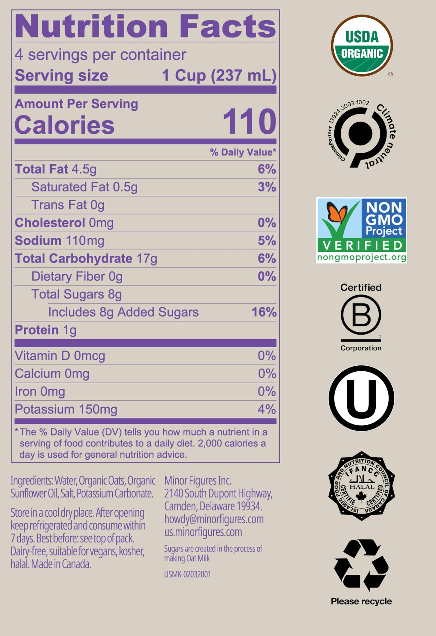 Minor Figures Oat Milk Organic Barista Standard Unsweetened 32 Fl Oz (Pack of 6) Vegan Non-GMO Dairy-Free