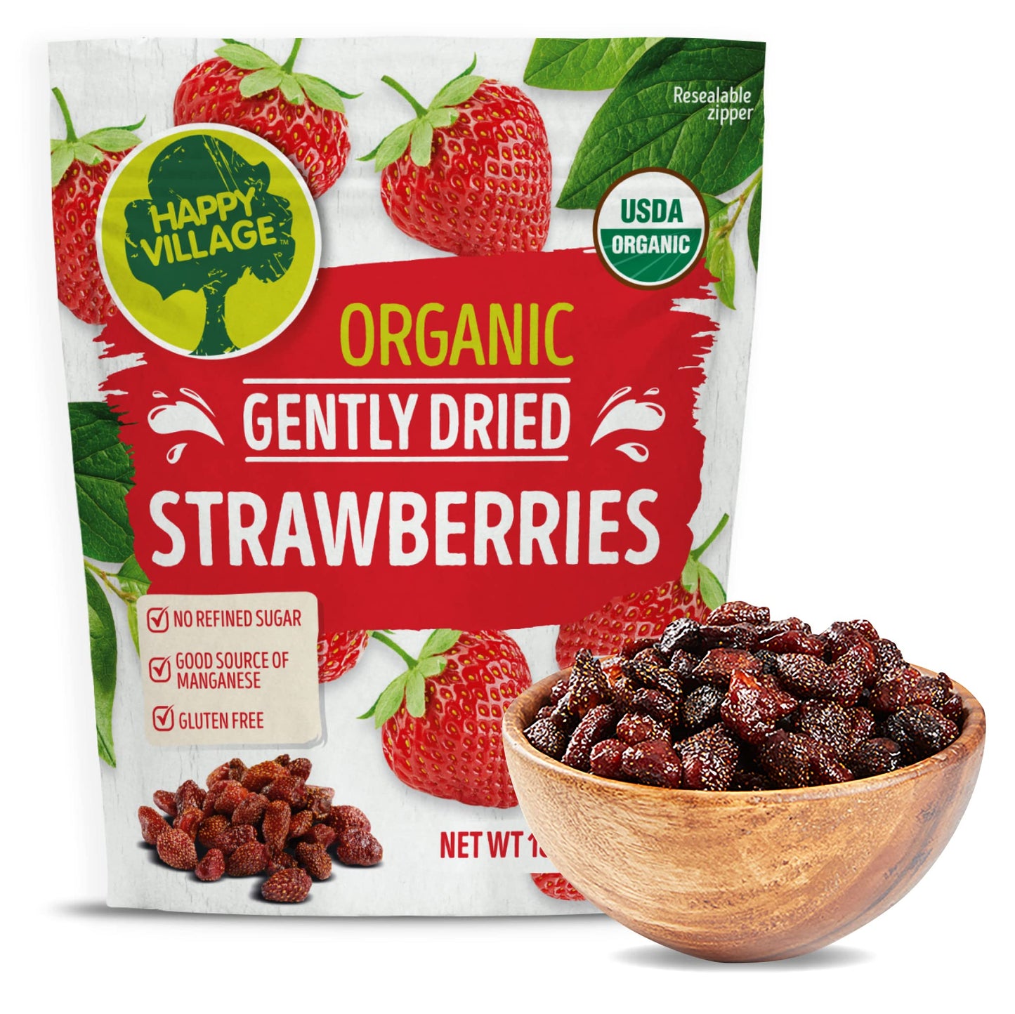 Happy Village Organic Whole Dried Strawberries, 18 Oz Resealable Pack- Soft & Juicy, Kosher, Non-Gmo, No Refined Sugar, Organic Apple Juice Infused Organic Dried Strawberry