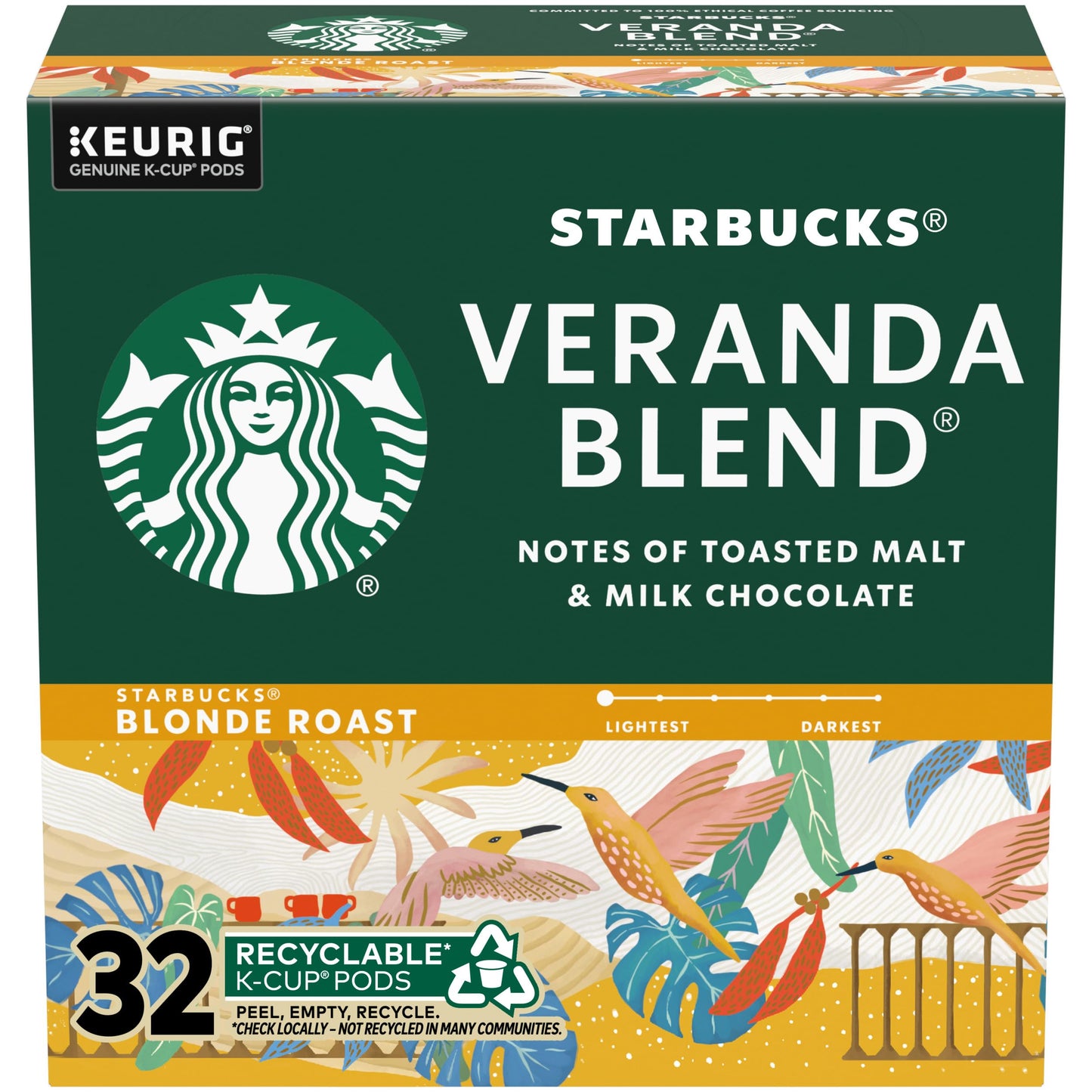 Starbucks K-Cup Coffee Pods, Starbucks Blonde Roast Coffee, Veranda Blend, 100% Arabica, 1 Box (32 Pods)