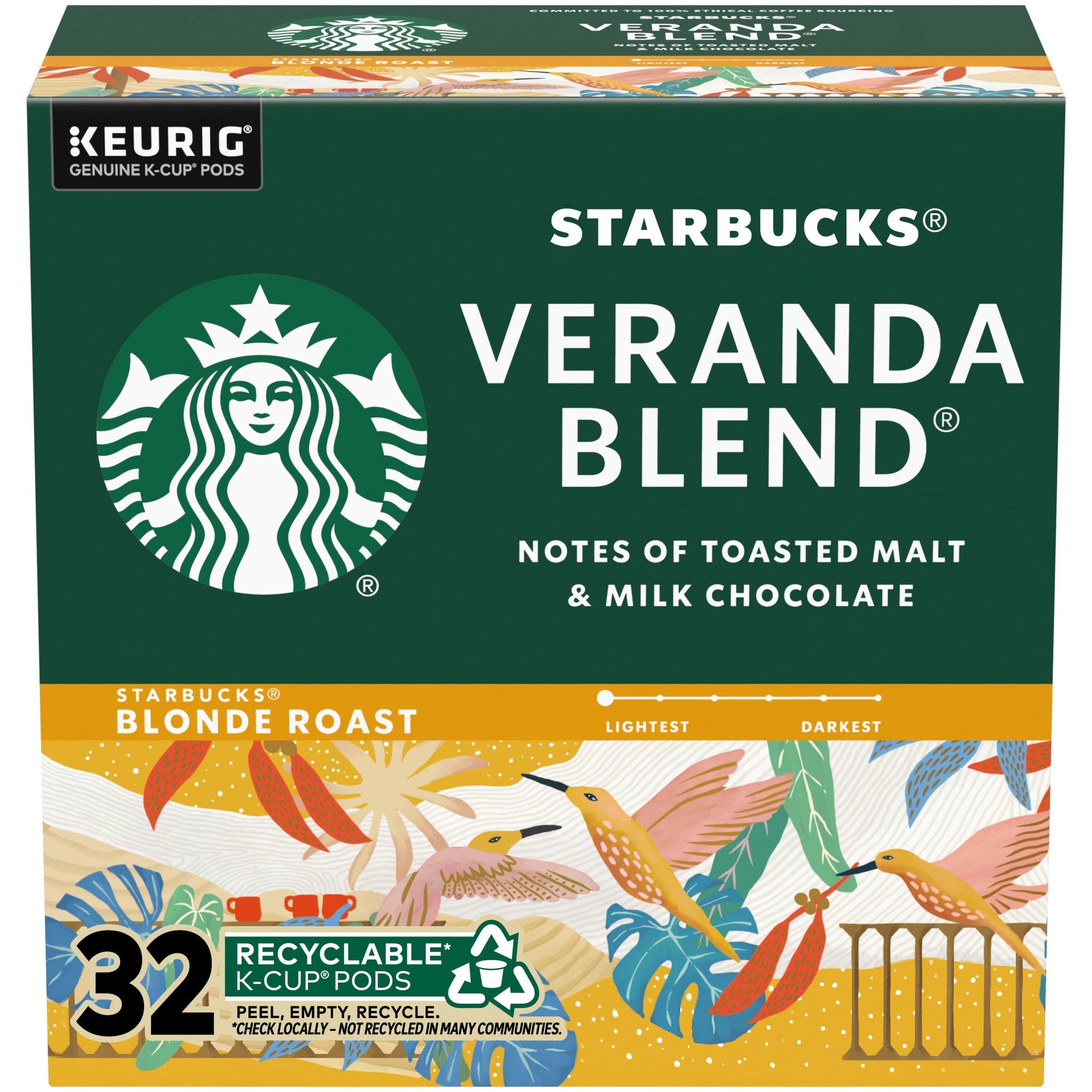 Starbucks K-Cup Coffee Pods, Starbucks Blonde Roast Coffee, Veranda Blend, 100% Arabica, 1 Box (32 Pods)