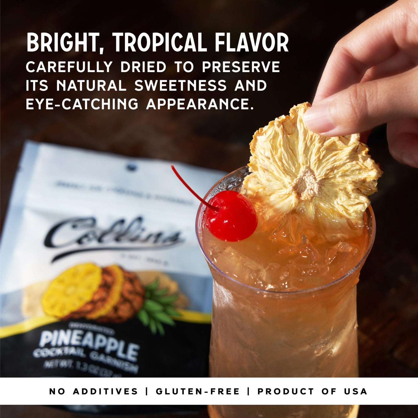 Collins Dehydrated Pineapple Cocktail Garnish Slices, 1.3 oz – Perfect for Drinks & Desserts – Made in USA – Model 11869