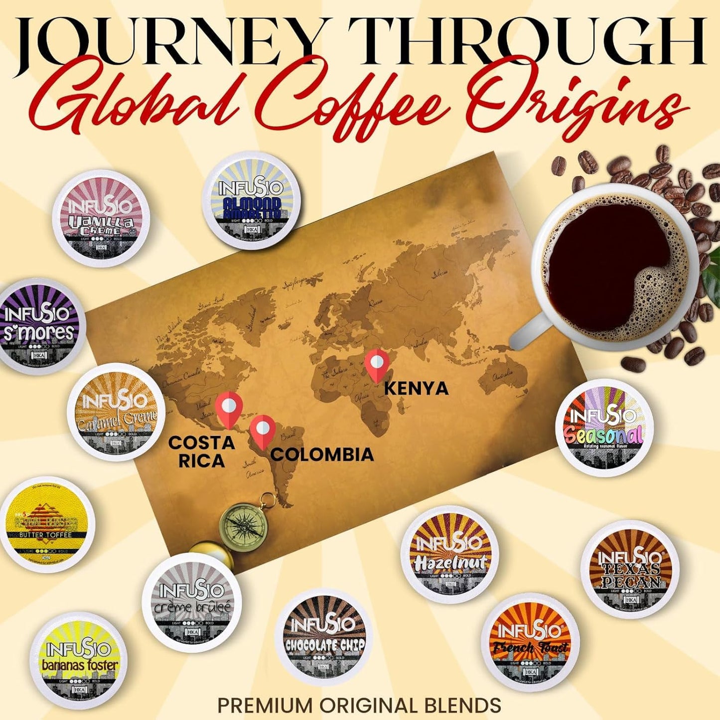 InfuSio Flavored Coffee Pods Variety Pack - 48 Count  12 Gourmet Medium Roast Dessert-Inspired Blends like Bananas Foster & Crme Brl?e  Compatible with Keurig K-Cup 2.0 malt-inspired