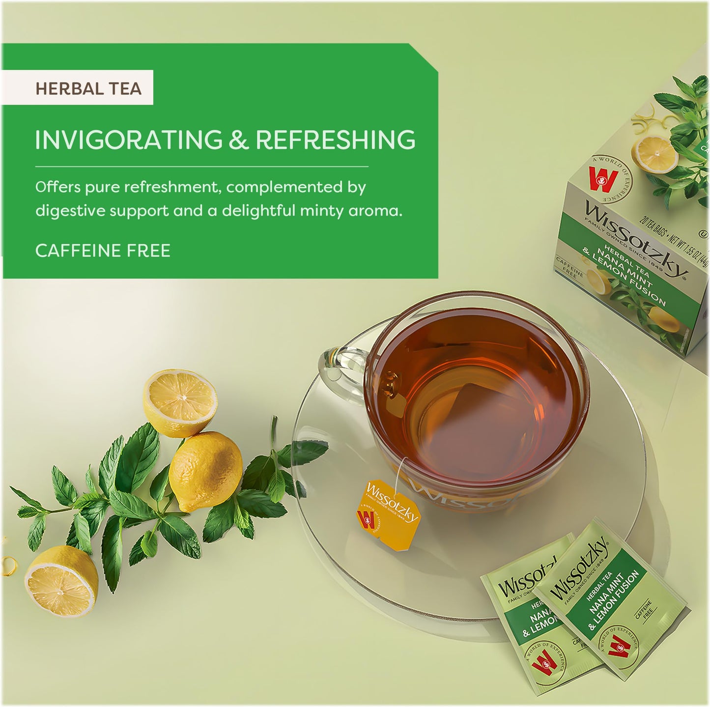 Wissotzky Nana Mint & Lemon Fusion Tea, Caffeine Free, 20 Tea Bags, 1.55 Ounce