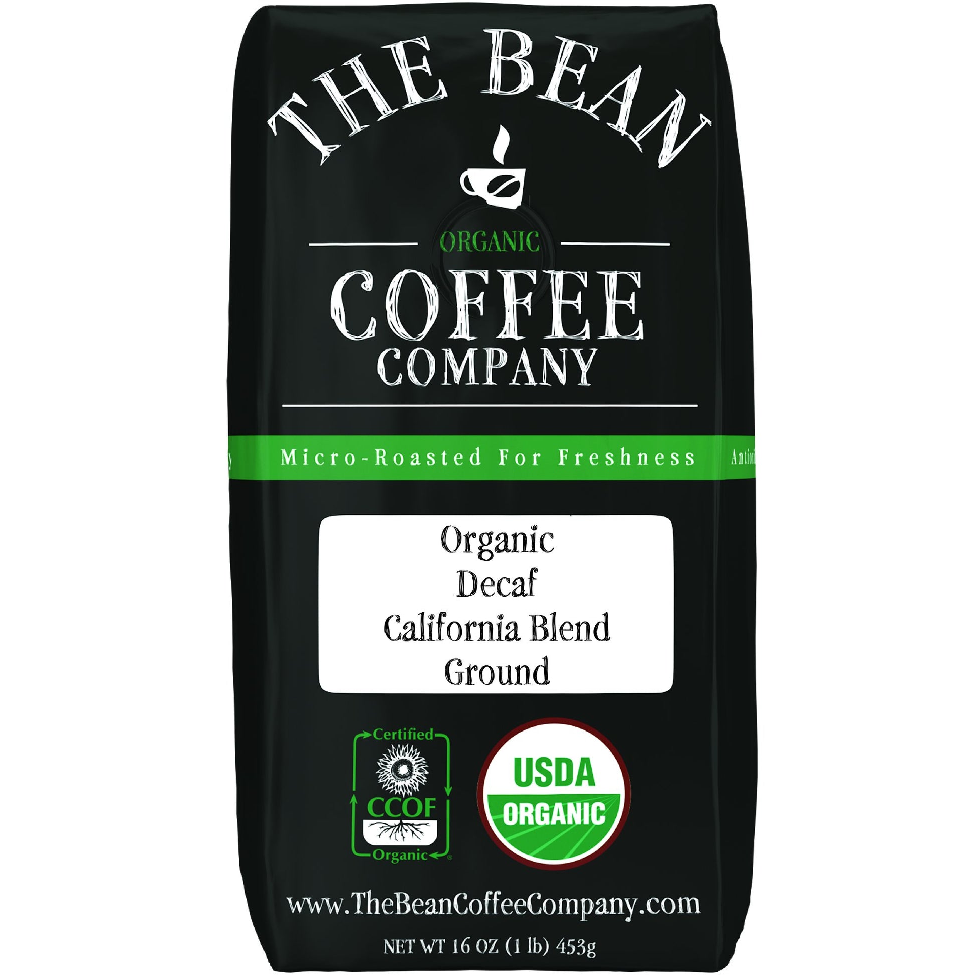 The Bean Organic Coffee Company Water Processed DECAF California Blend, Medium Roast, Ground Coffee, 16-Ounce Bag, Caf   Molido 