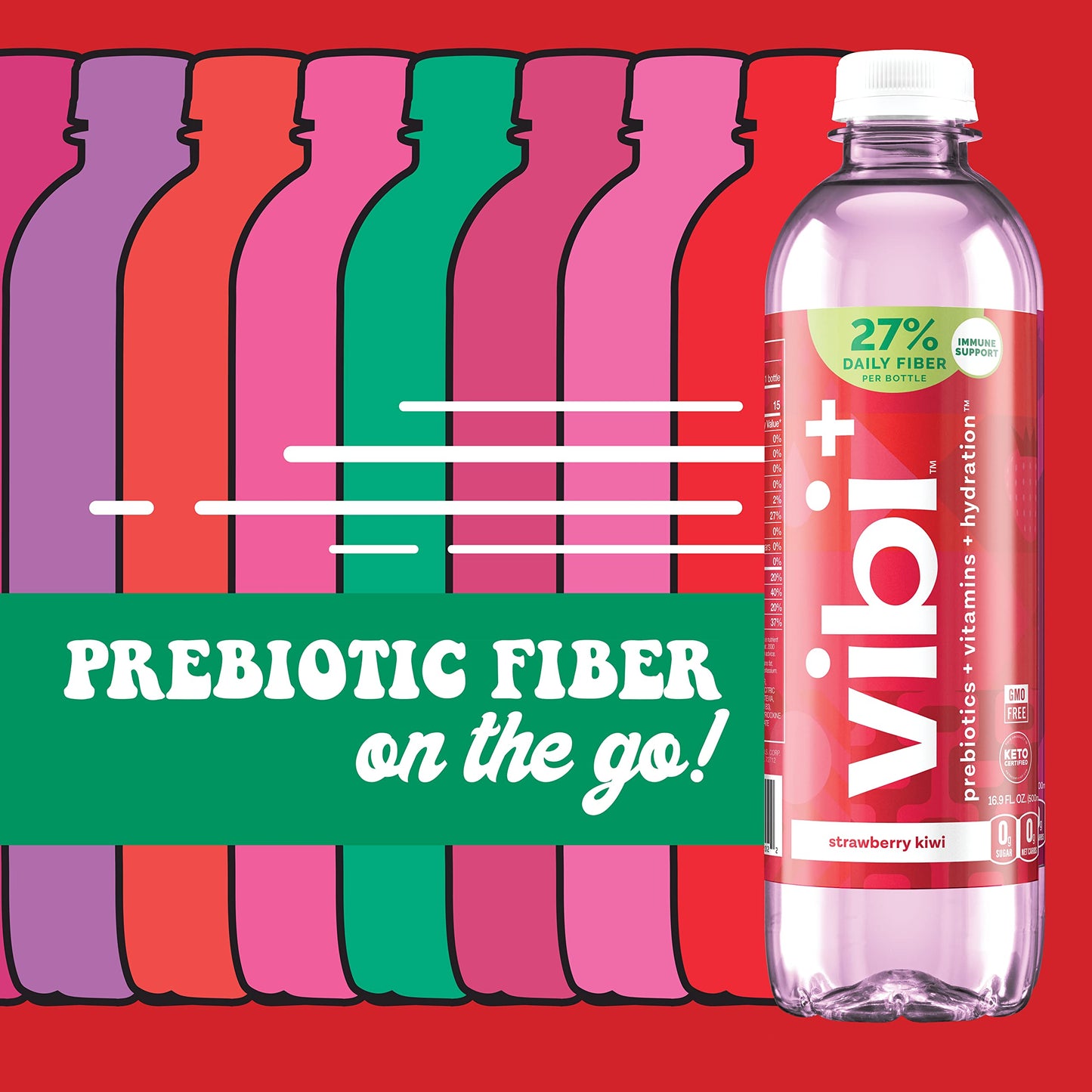 Vibi+ Strawberry Kiwi Prebiotic Water - Digestive Health Support - Sugar Free High Fiber Flavored Drink - Keto, Vegan, Healthy,