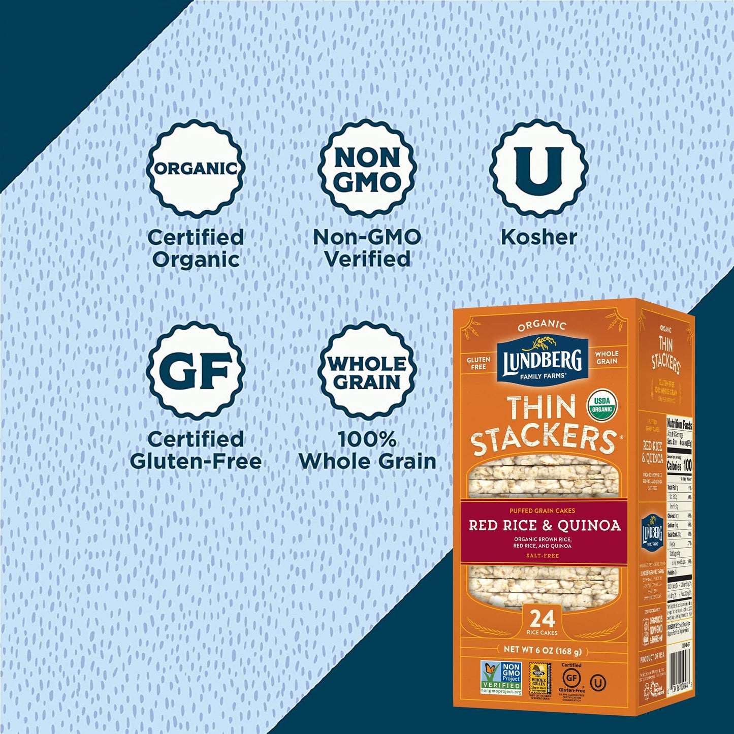 Lundberg Organic Thin Stackers, Red Rice & Quinoa, Salt-Free,Thin Multigrain Rice Cakes, Gluten-Free, Vegan, Healthy Snacks, 6 o