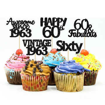 Gyufise 30Pcs 60Th Birthday Cupcake Toppers Awesome 1963 Vintage 1963 Cake Decorations Cheers To 60 Fabulous Sixty Cupcake Picks