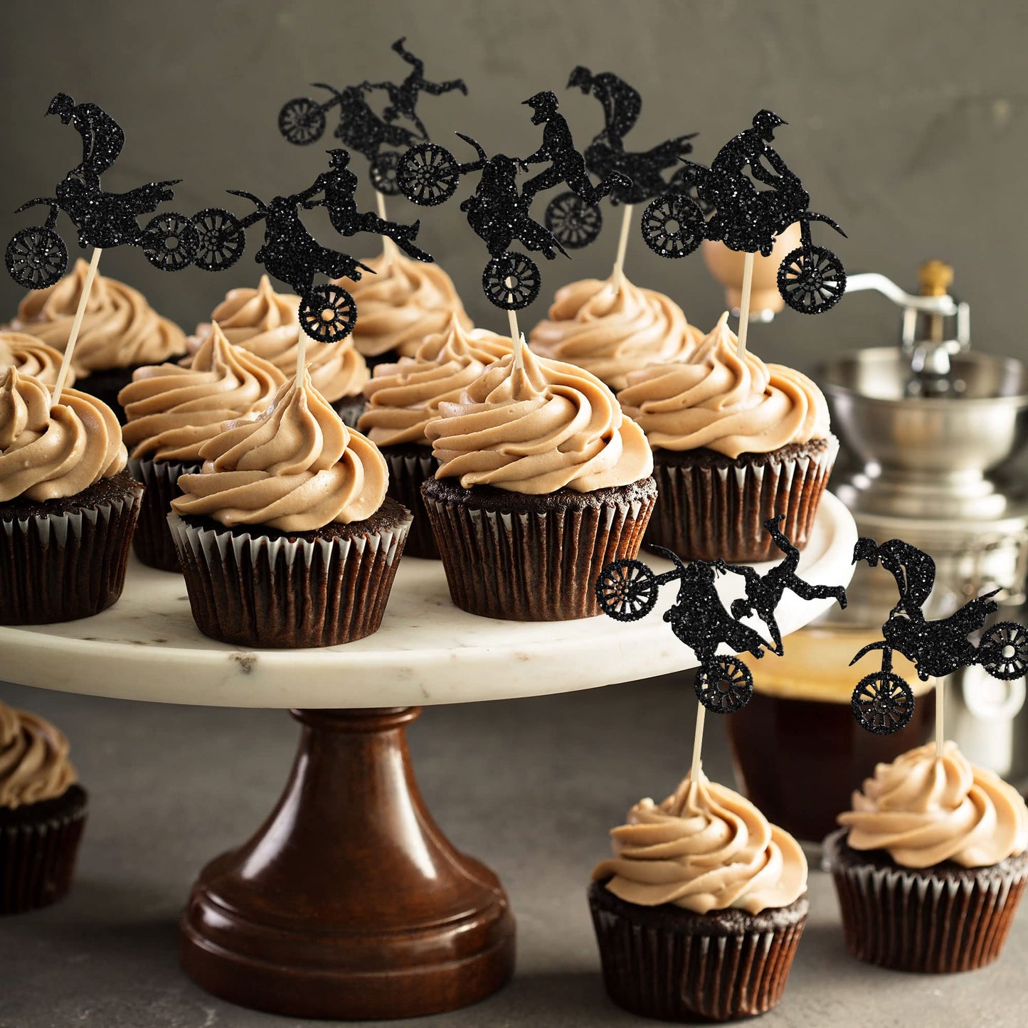 Gyufise 24Pcs Motorcycle Cupcake Toppers Black Glitter Motocross Dirt Bike Party Cupcake Picks For Sports Motocross Theme Man Bo