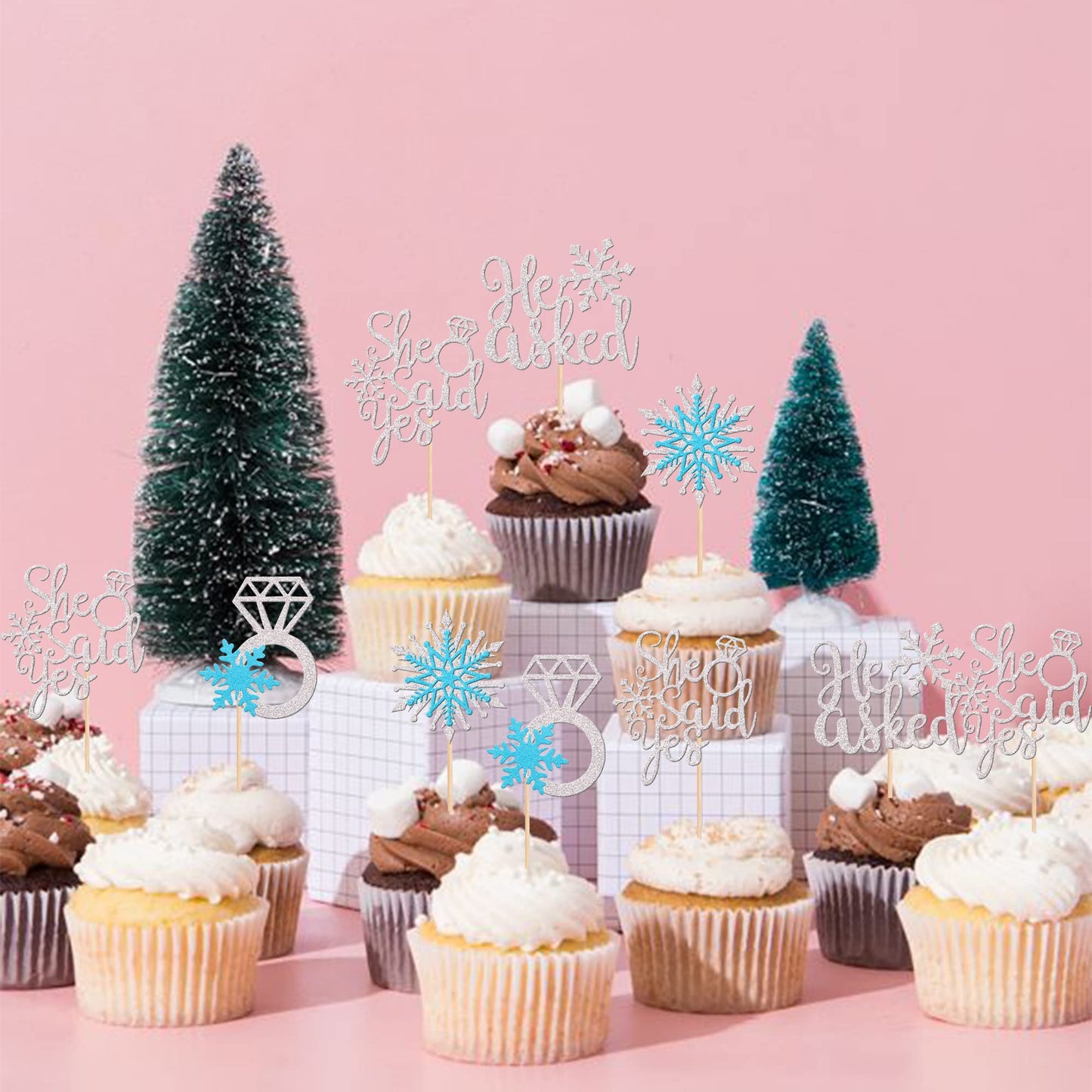 24 Pcs He Asked She Said Yes Cupcake Toppers Glitter Diamond Ring Snowflake Cupcake Picks Bridal Shower Cake Decorations For Win