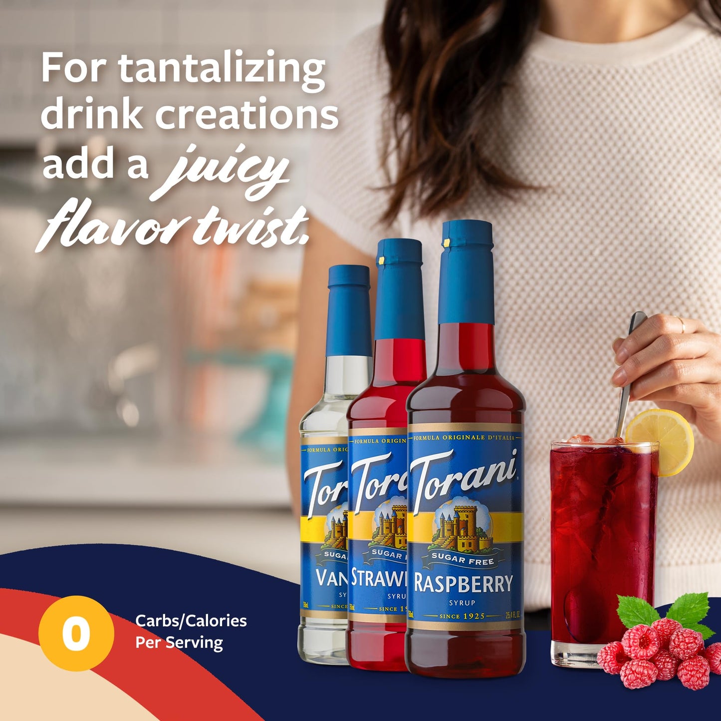 Torani Sugar Free Syrup Variety 3-Pack, Strawberry, Raspberry, And Vanilla, Zero-Calorie Syrups For Drinks, Pumps Included, 25.4