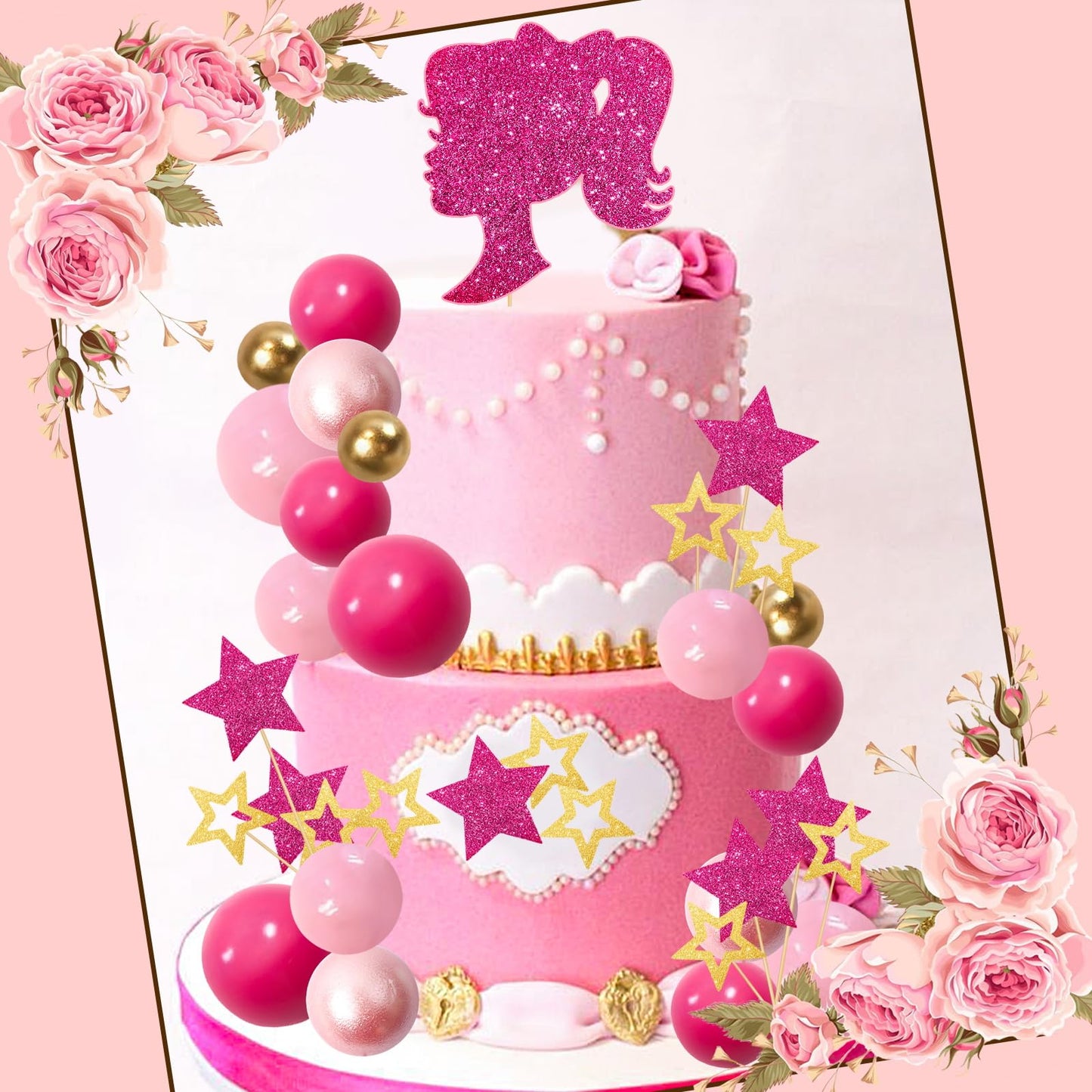 Memovan Hot Pink Girl Cake Toppers 36Pcs Ball Cake Decorations With Hot Pink Gold Balls Shiny Stars For Boho Girl Hot Pink Princ