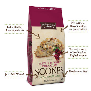 English Scone Mix, Raspberry White Chocolate by Sticky Fingers Bakeries - Easy to Make English Scones Fresh Baked, Makes 12 Scon