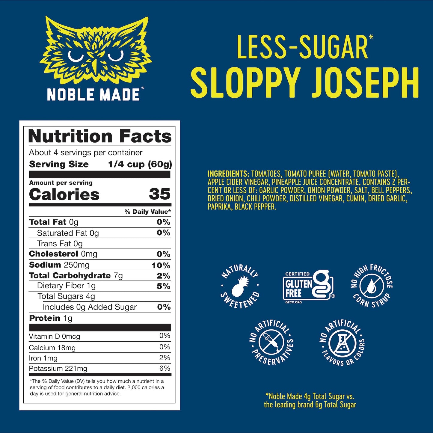 Noble Made Less-Sugar Sloppy Joseph Skillet Sauce  8.5 oz Jar  Gluten Free  Low Sugar  Paleo Friendly  Naturally Sweetened  Easy Dinner  Family Friendly  Just Add Ground Beef or Ground Turkey