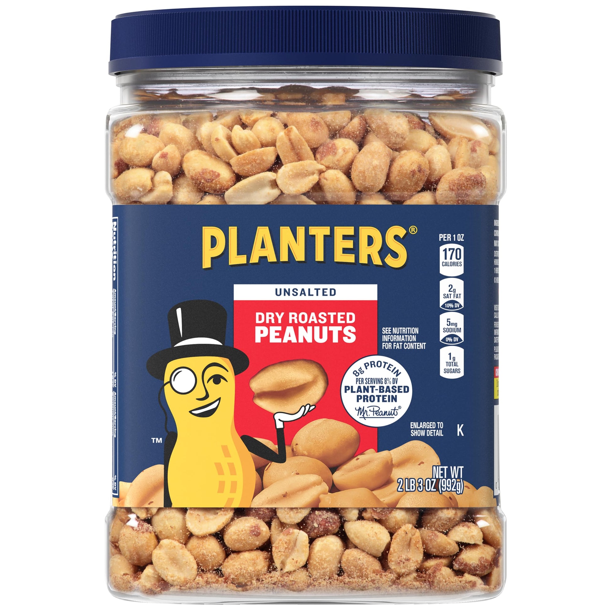 PLANTERS Unsalted Dry Roasted Peanuts, Resealable Jar, Plant-Based Protein, 35 oz Canister
