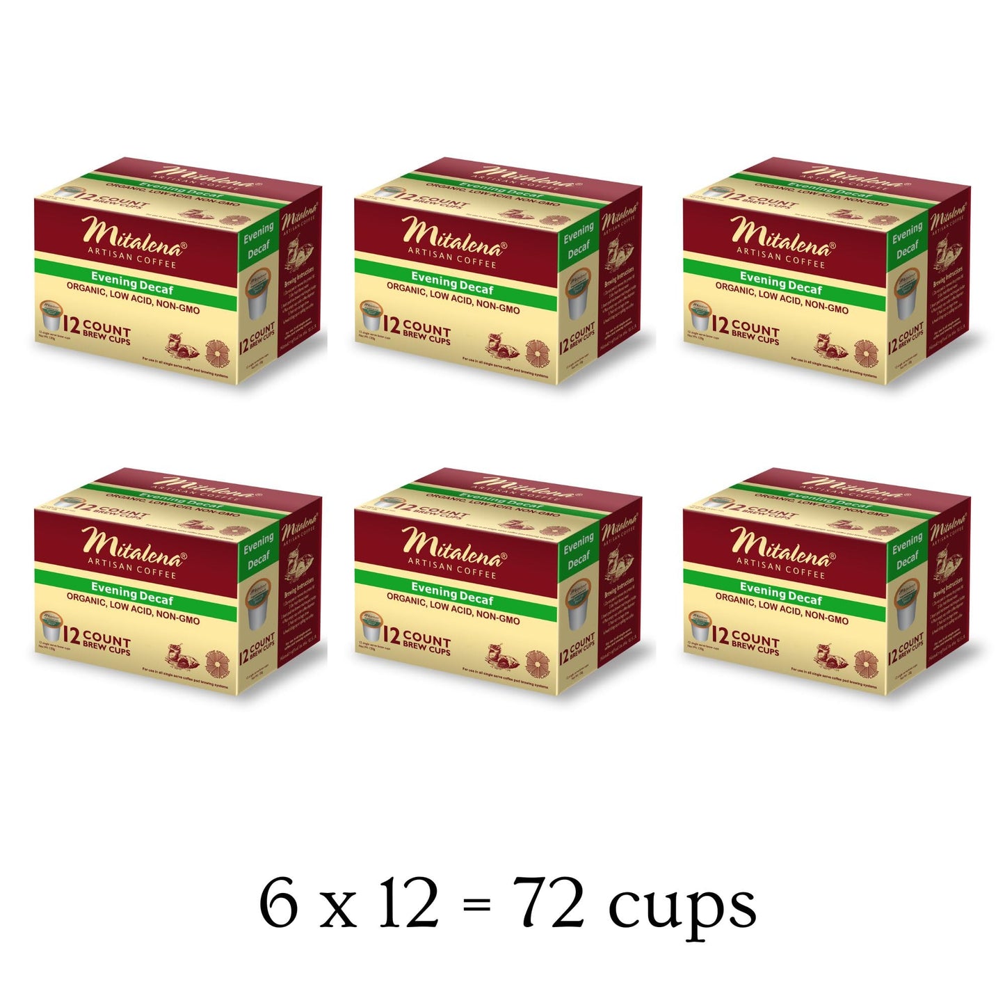 Mitalena Gourmet Coffee Evening Decaf Organic Low Acid Pods, 12 K Cups, Compatible with Keurig, Chemical Free, Water Process