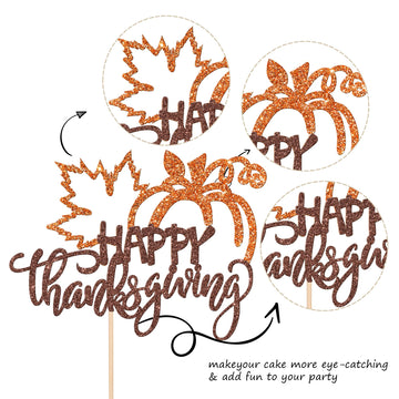 1 Pcs Happy Thanksgiving Cake Topper Glitter Maple Leaf Pumpkin Happy Friendsgiving Cake Pick Fall Harvest Give Thanks Cake Deco