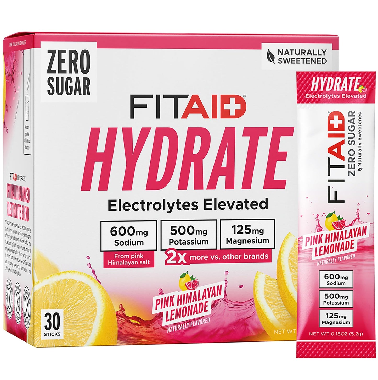 FITAID Hydrate Clean Electrolyte Mix  Zero Sugar  Balanced Electrolyte Ratios: 600mg Sodium  500mg Potassium  125mg Magnesium  Pink Lemonade  for Exercise & Active Hydration  30 Sticks