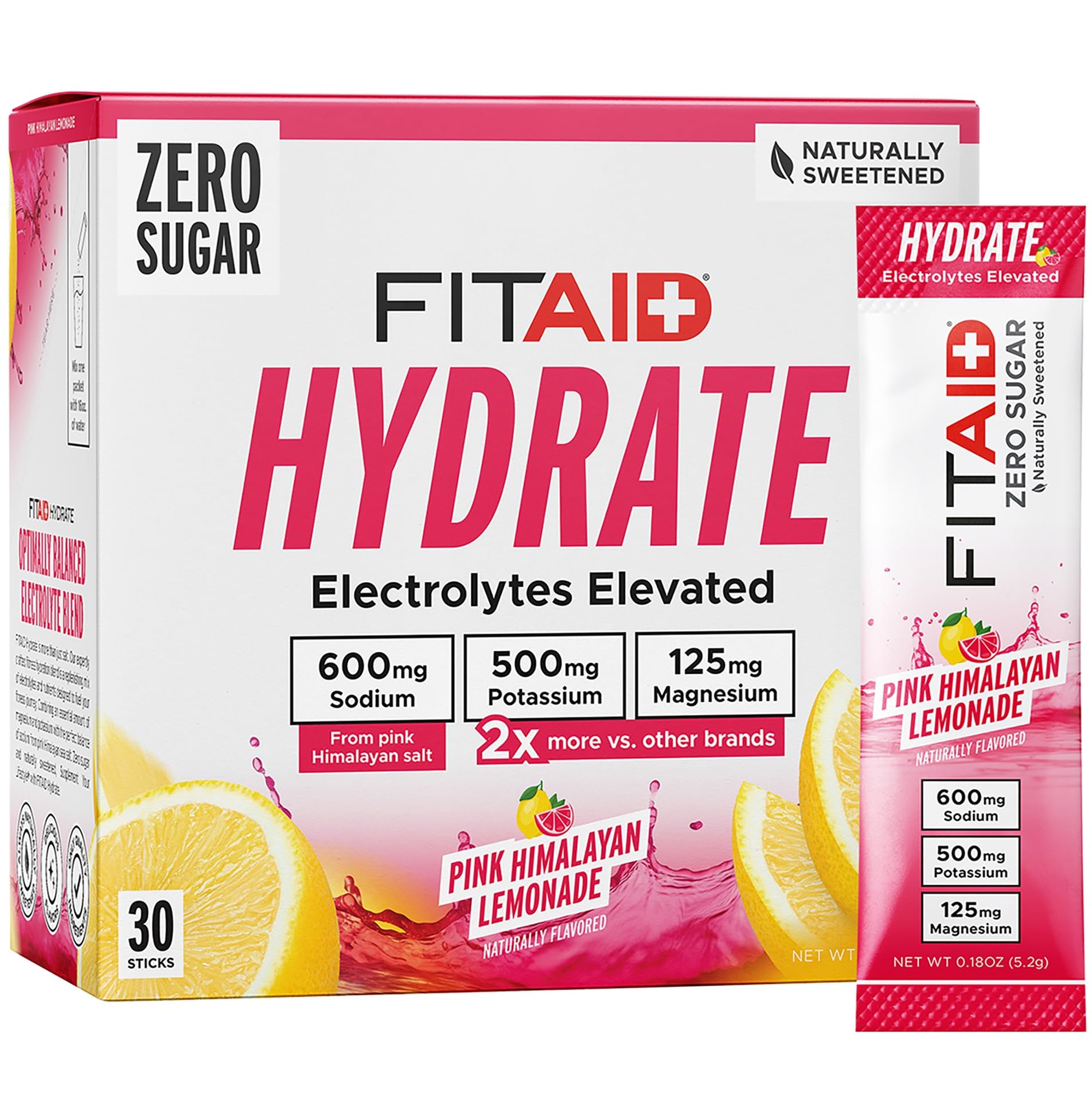 FITAID Hydrate Clean Electrolyte Mix  Zero Sugar  Balanced Electrolyte Ratios: 600mg Sodium  500mg Potassium  125mg Magnesium  Pink Lemonade  for Exercise & Active Hydration  30 Sticks
