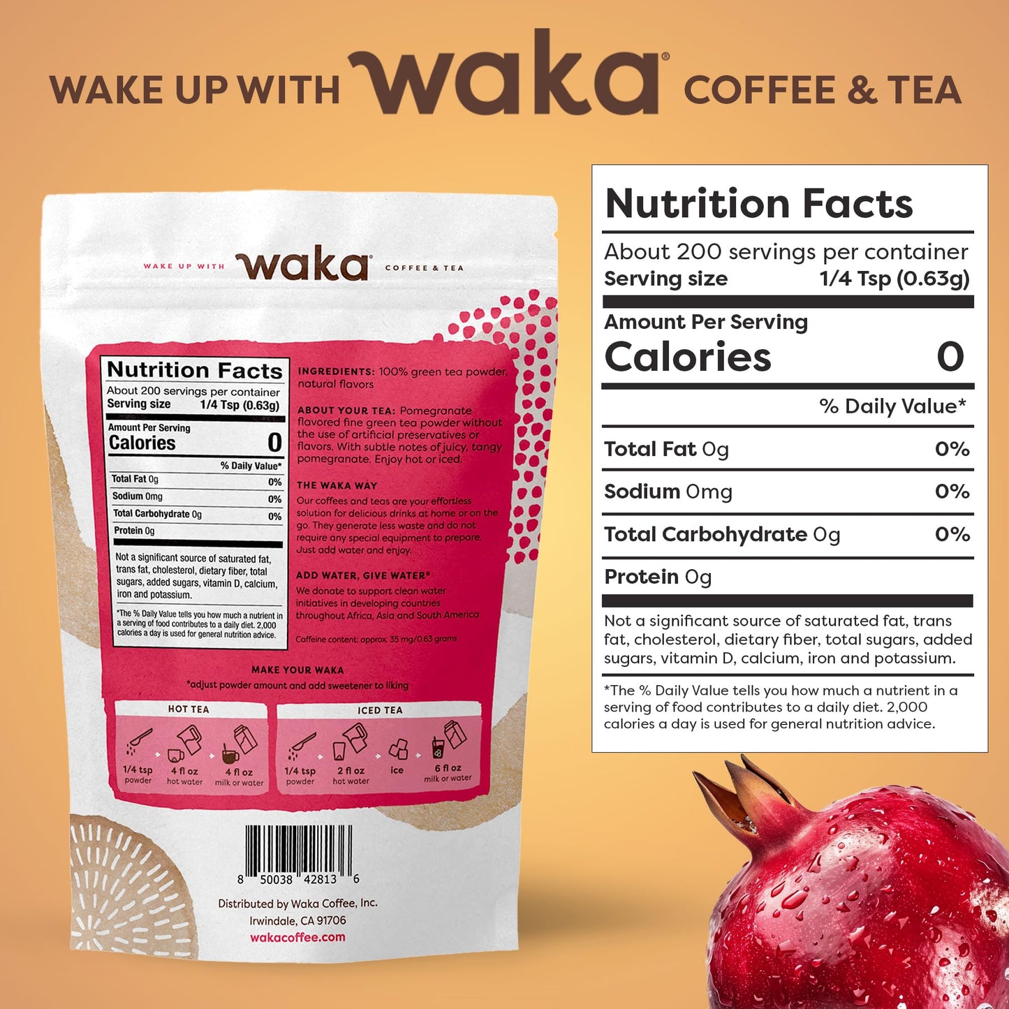 Waka Instant Green Tea Mix, Pomegranate Flavored - 100% Tea Leaves, No Additives, Unsweetened Tea Powder In Bulk Pouch - Easy Qu