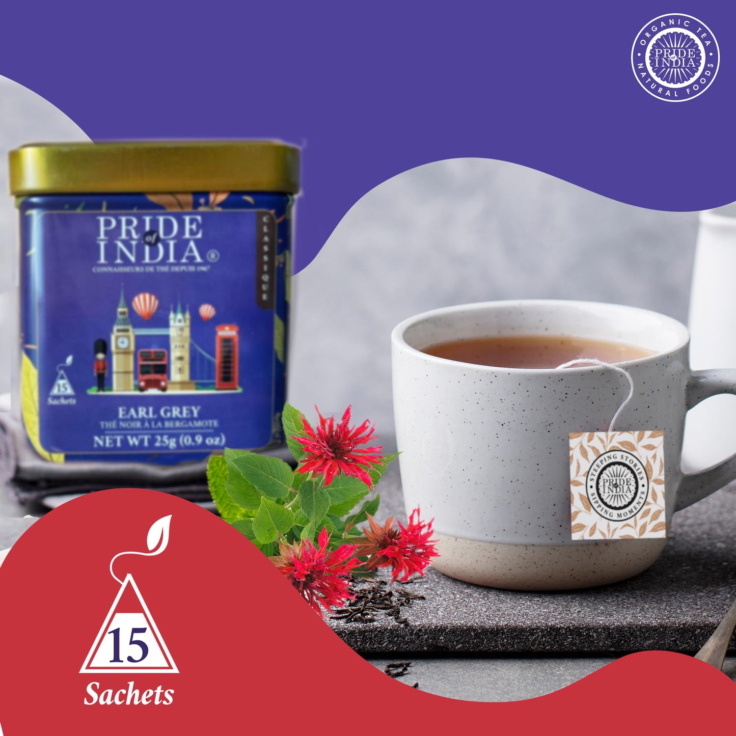 Pride Of India Earl Grey Black Tea - 15 Pyramid Bags, Full-Bodied Flavor, High Caffeine, Single Estate Certified, 25 Count