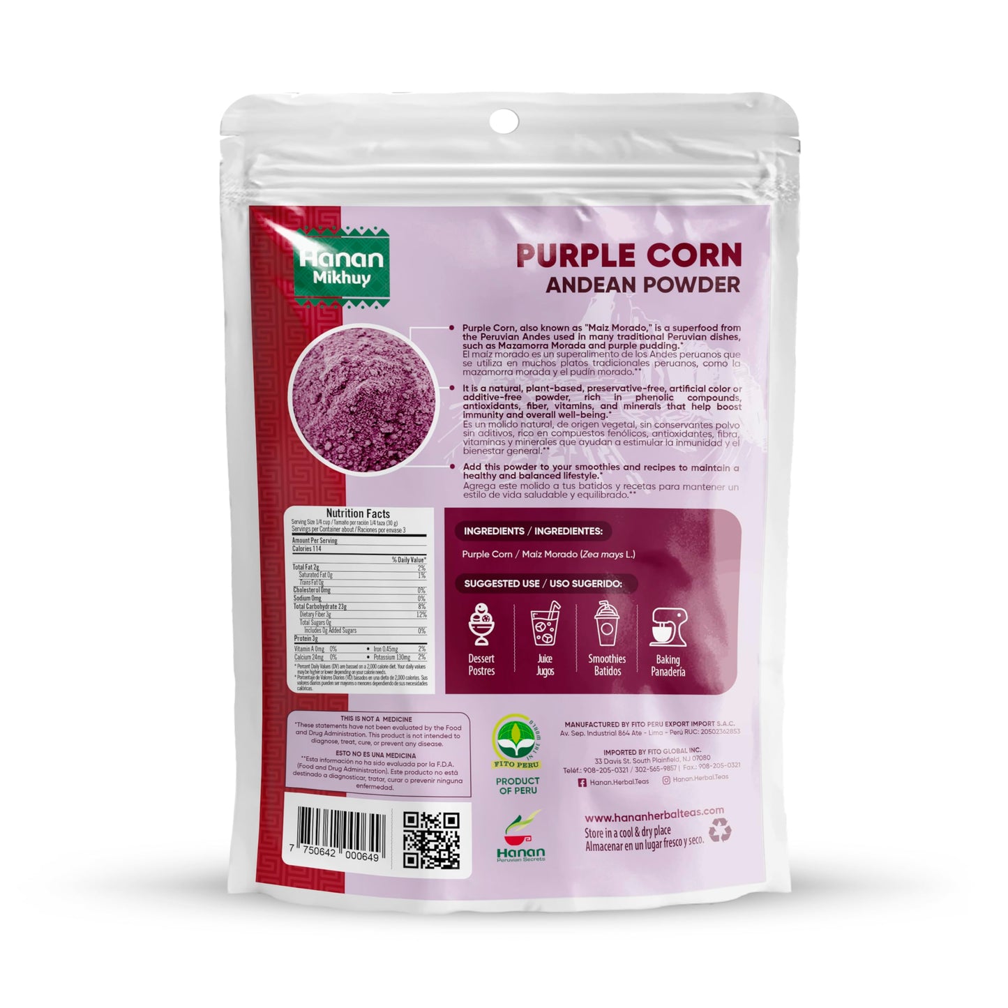 Hanan Mikhuy Purple Corn (Ma  Z Morado) Powder (Molido) From Peru Andes 100% Natural, Vegan, Non-Gmo, Gluten-Free, Rich In Prote