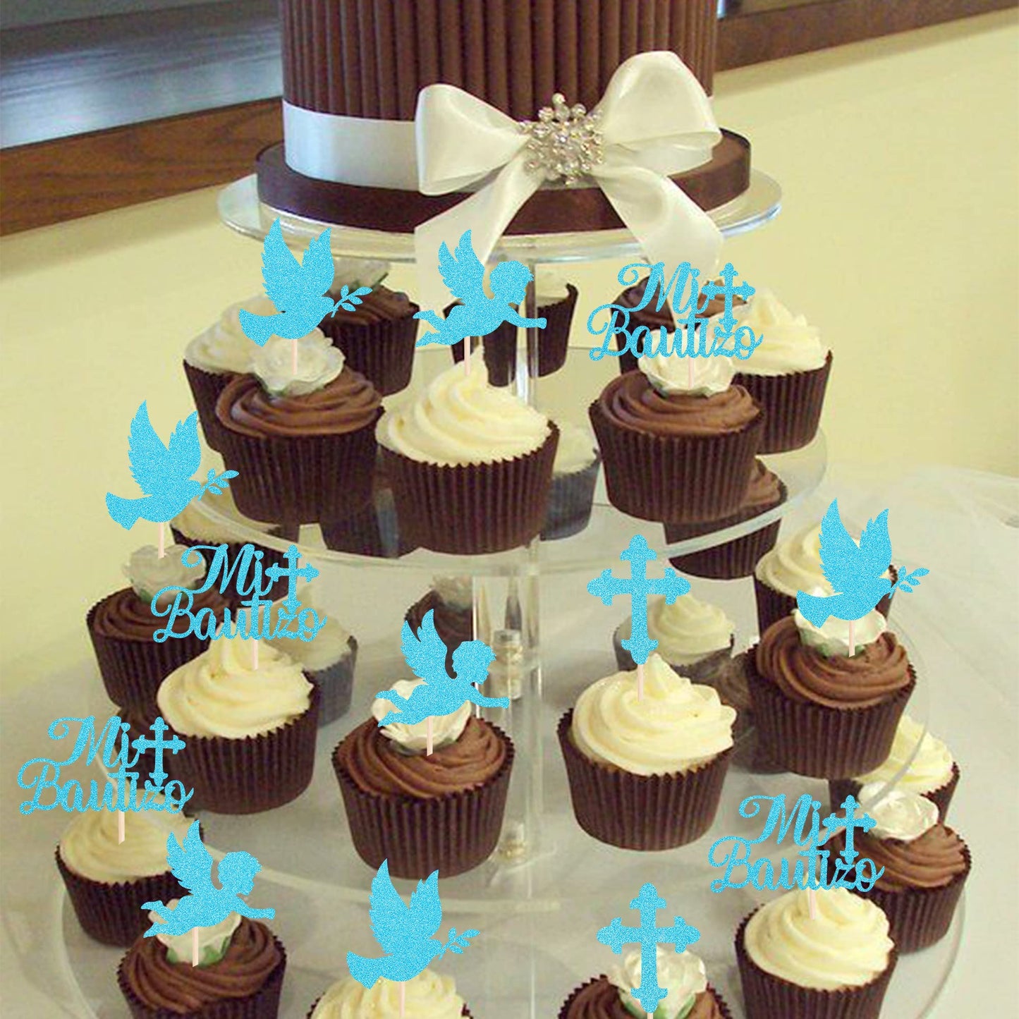 YCTHUNFISH Cupcake Toppers, 24 Pack, Bamboo, Glitter Cross, Blue, Religious Baptism/Party Decorations