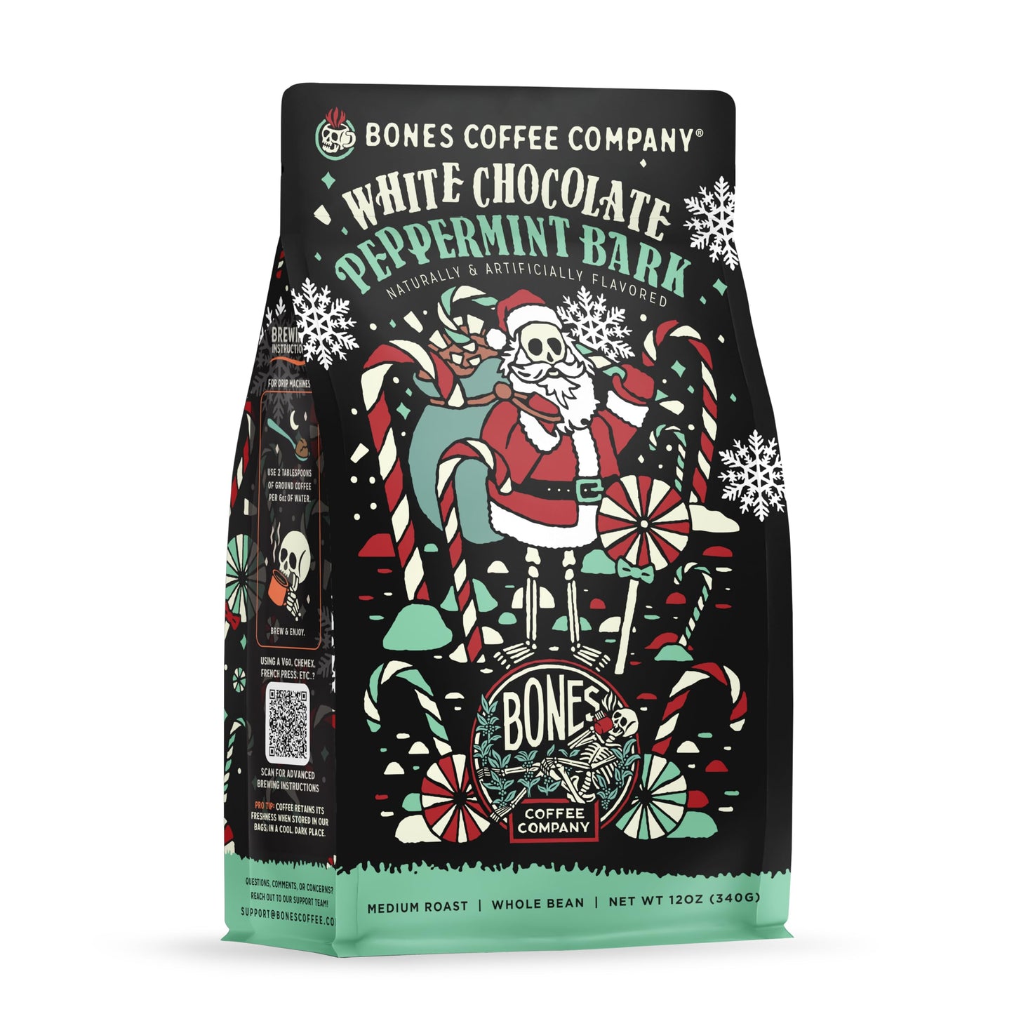 Bones Coffee Company White Chocolate Peppermint Bark Flavored Coffee, Medium Roast Low Acid Arabica Beans Compatible with Auto d