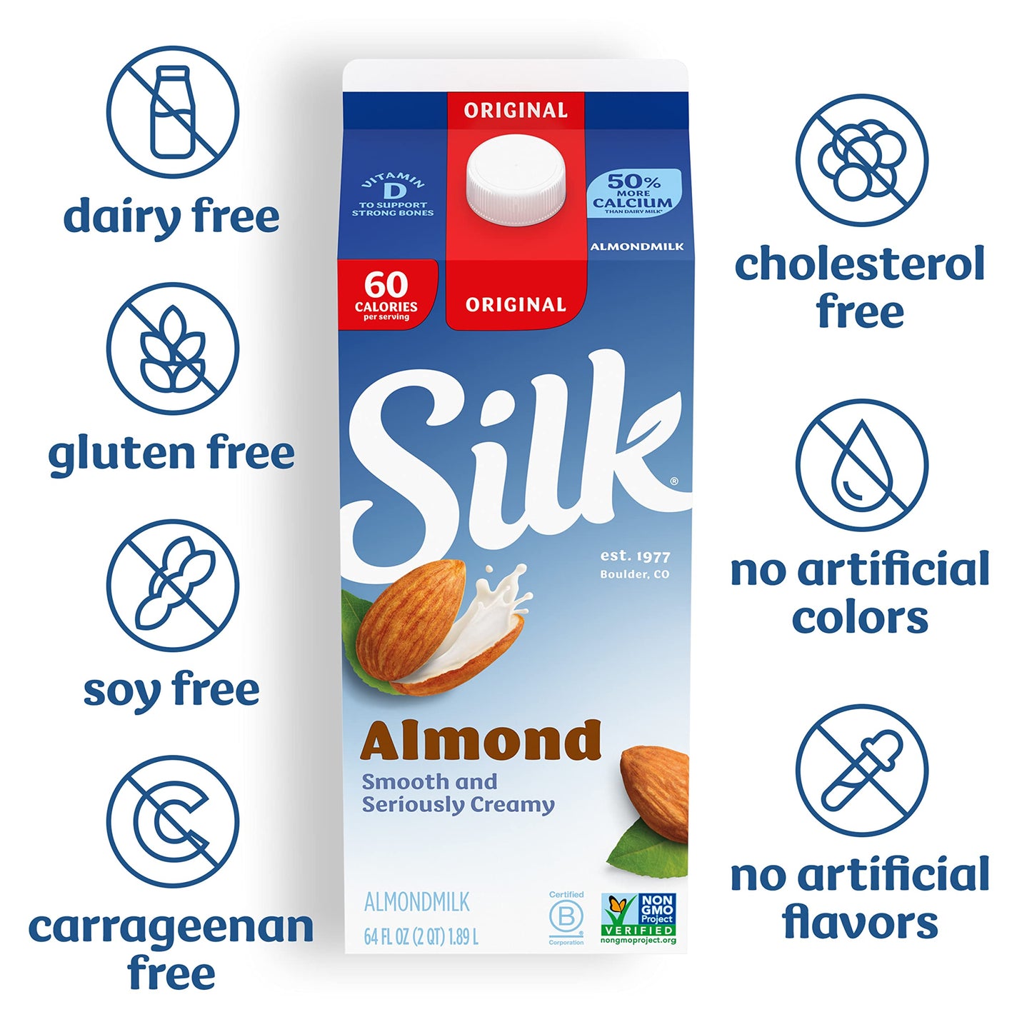 Silk Almond Milk, Original, Dairy Free, Gluten Free, Seriously Creamy Vegan Milk with 50% More Calcium than Dairy Milk, 64 FL OZ