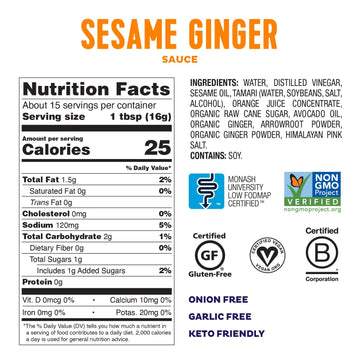 Fody Foods Vegan Sesame Ginger Sauce Marinade, Avocado Oil, Low Fodmap Certified, No Msg, Gut & Ibs & Keto Friendly, 8.5 Ounce