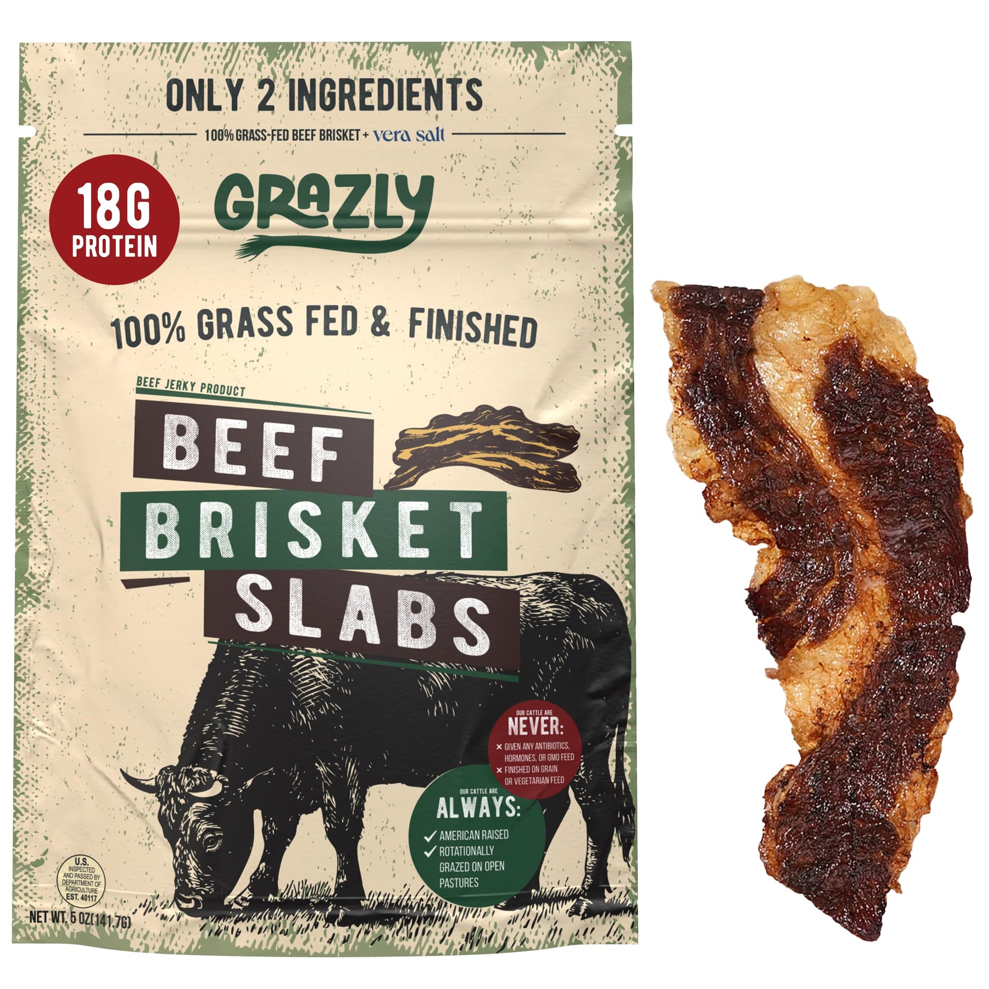Grazly Beef Brisket Slab - Grass-Fed & Finished | Only Meat & Salt  Soft & Buttery Texture | High-Protein Carnivore Snack | Made from 1lb Raw Brisket | 5oz On-the-Go Snack Pack