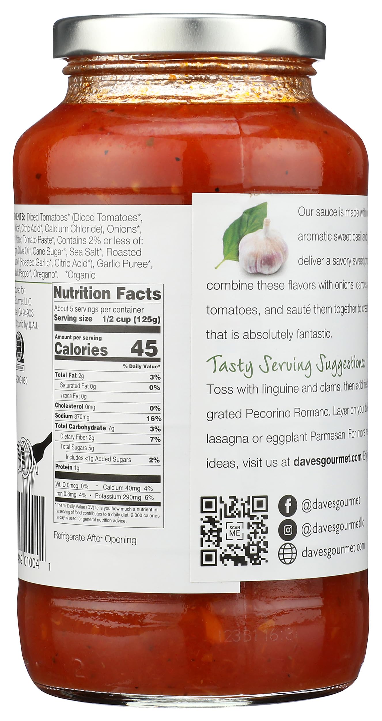 Daves Organic Roasted Garlic And Sweet Basil Pasta Sauce, 25.5 Ounce - 6 Per Case.