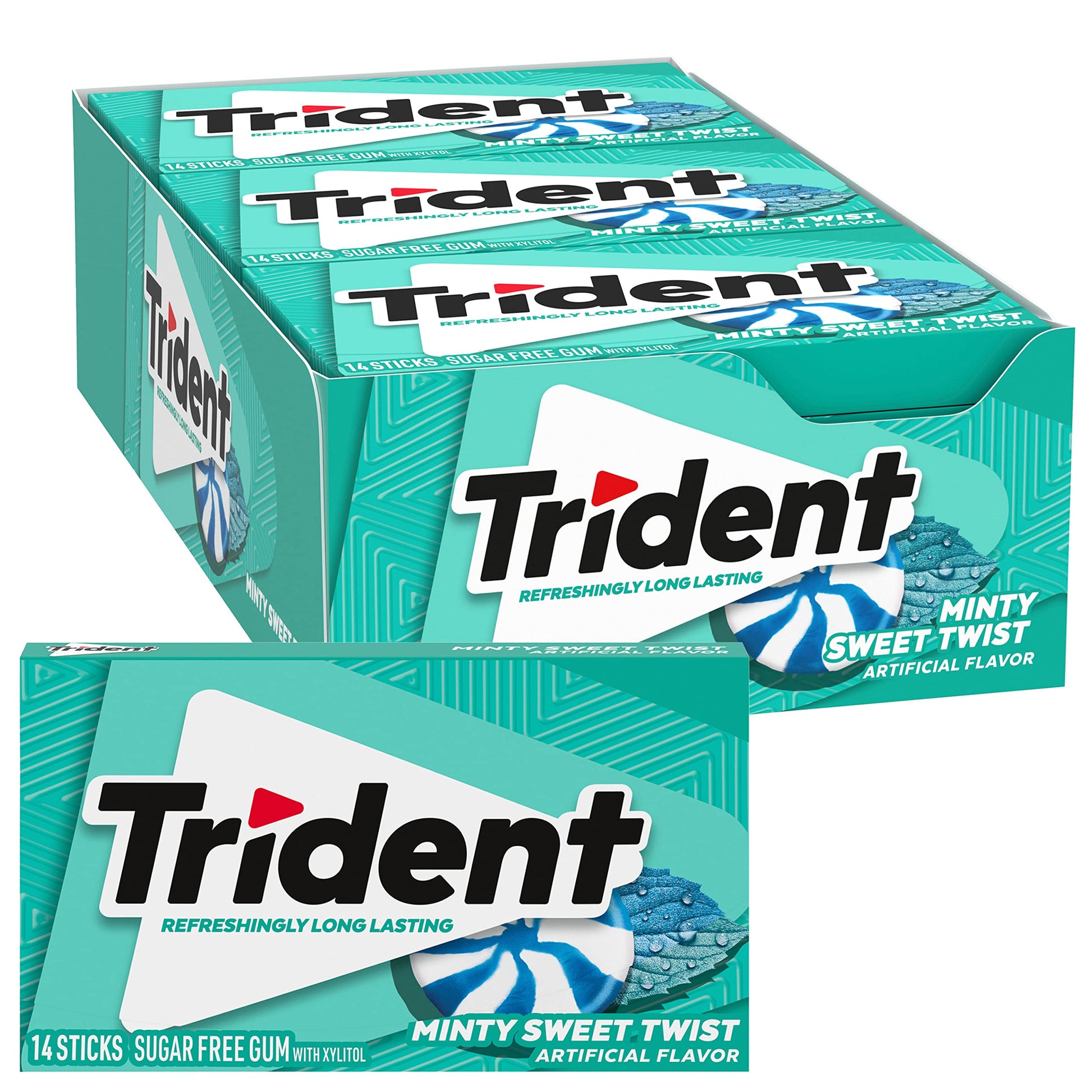 Trident Sugar-Free Chewing Gum, Minty Sweet Twist, 14 Pieces per Pack, 12 Packs, Total 168 Pieces