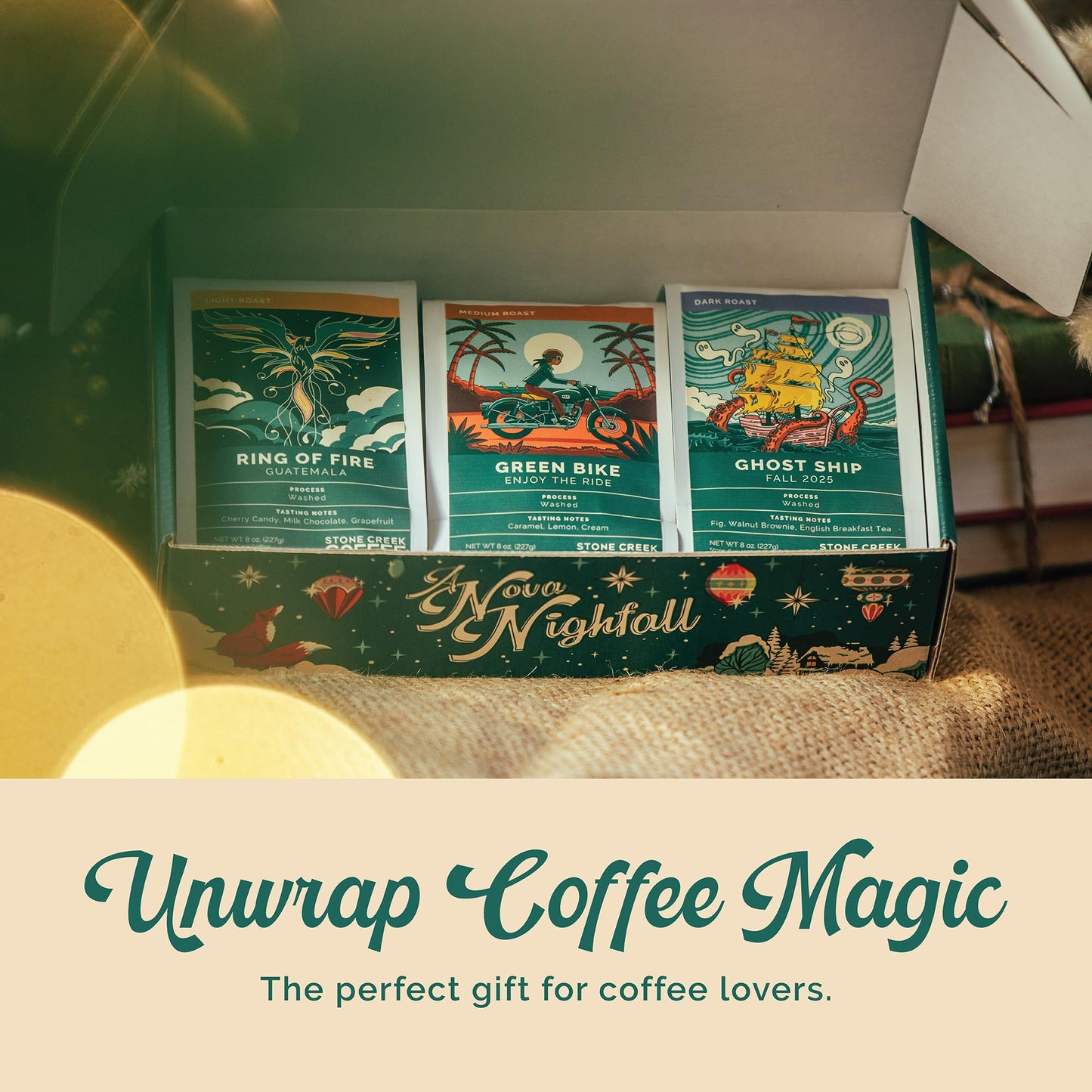 Stone Creek Coffee Twinkling Twilight Box Dark, Medium, And Light Roast (8 Oz, Pack Of 3) – Whole Bean Coffee Sampler, Holiday Limited-Edition Gift Set, Juicy, Balanced And Bold Roasted Coffee Beans