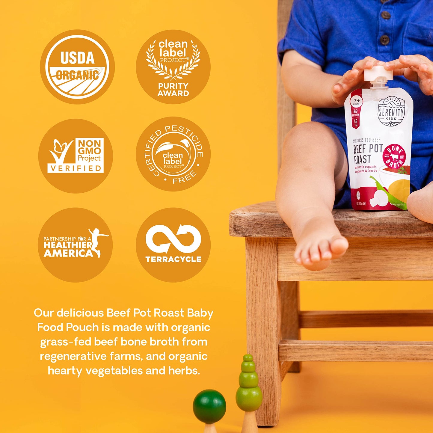 Serenity Kids Bone Broth Puree Made With Organic Veggies | Clean Label Project Purity Award Certified | 3.5 Ounce Bpa-Free Pouch | Grass Fed Beef Pot Roast | 1 Count