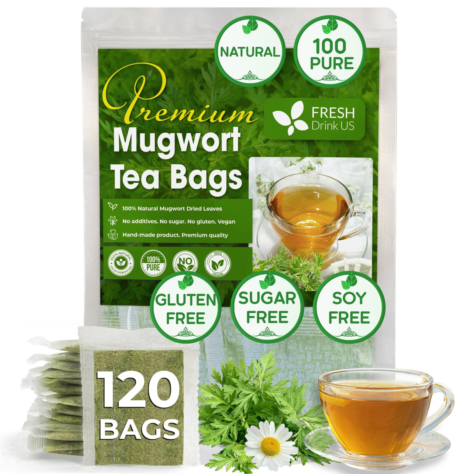 FRESHDRINKUS Premium Mugwort Leaf Tea Bags, 100% Natural, Vegan, 120 Count