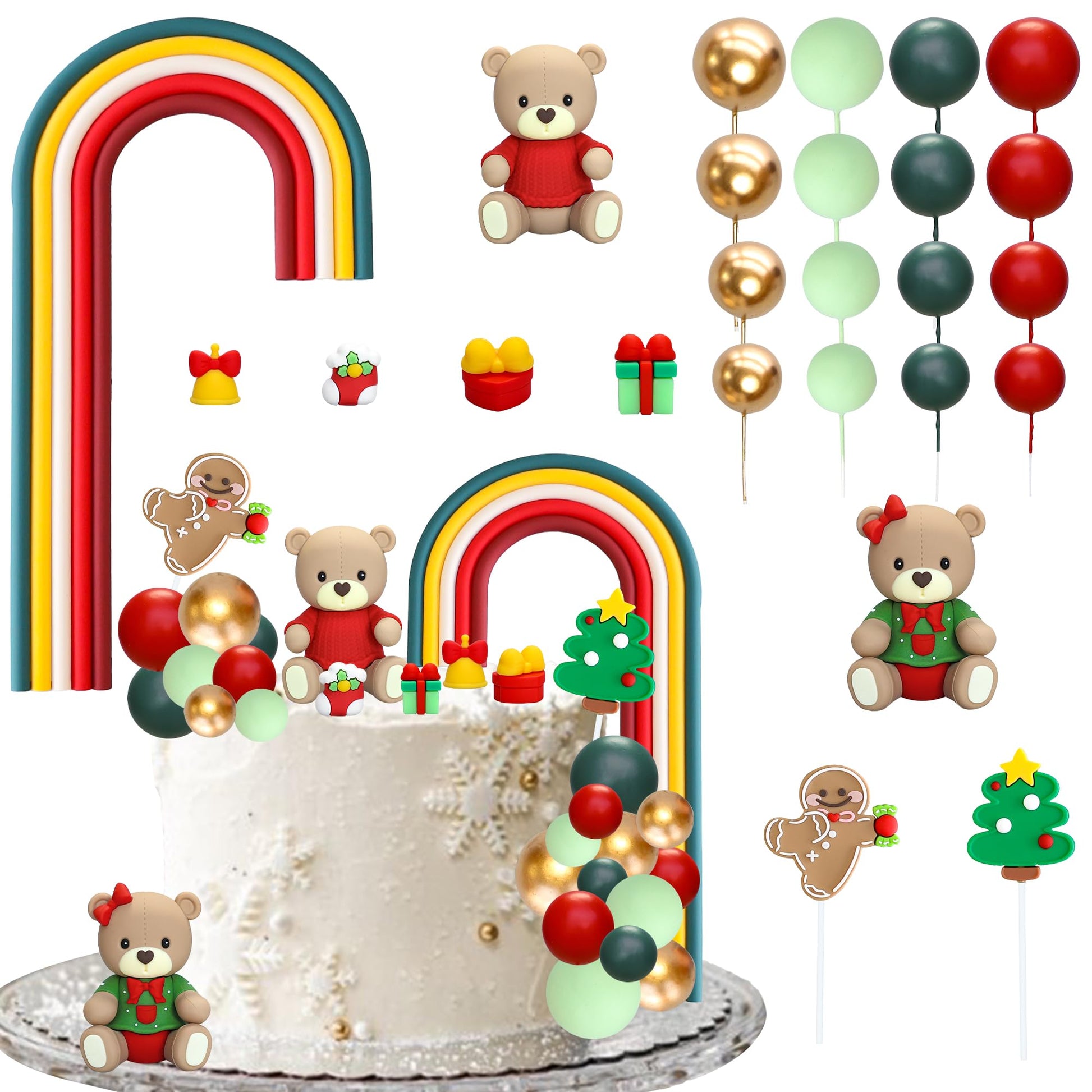 Ephlyn Christmas Bear Cake Toppers Rainbow Ball Cake Decorations Xmas Tree Gingerbread Man Socks Cupcake Toppers For Halloween Theme Baby Shower Birthday Party Supplies Red