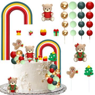 Ephlyn Christmas Bear Cake Toppers Rainbow Ball Cake Decorations Xmas Tree Gingerbread Man Socks Cupcake Toppers For Halloween Theme Baby Shower Birthday Party Supplies Red