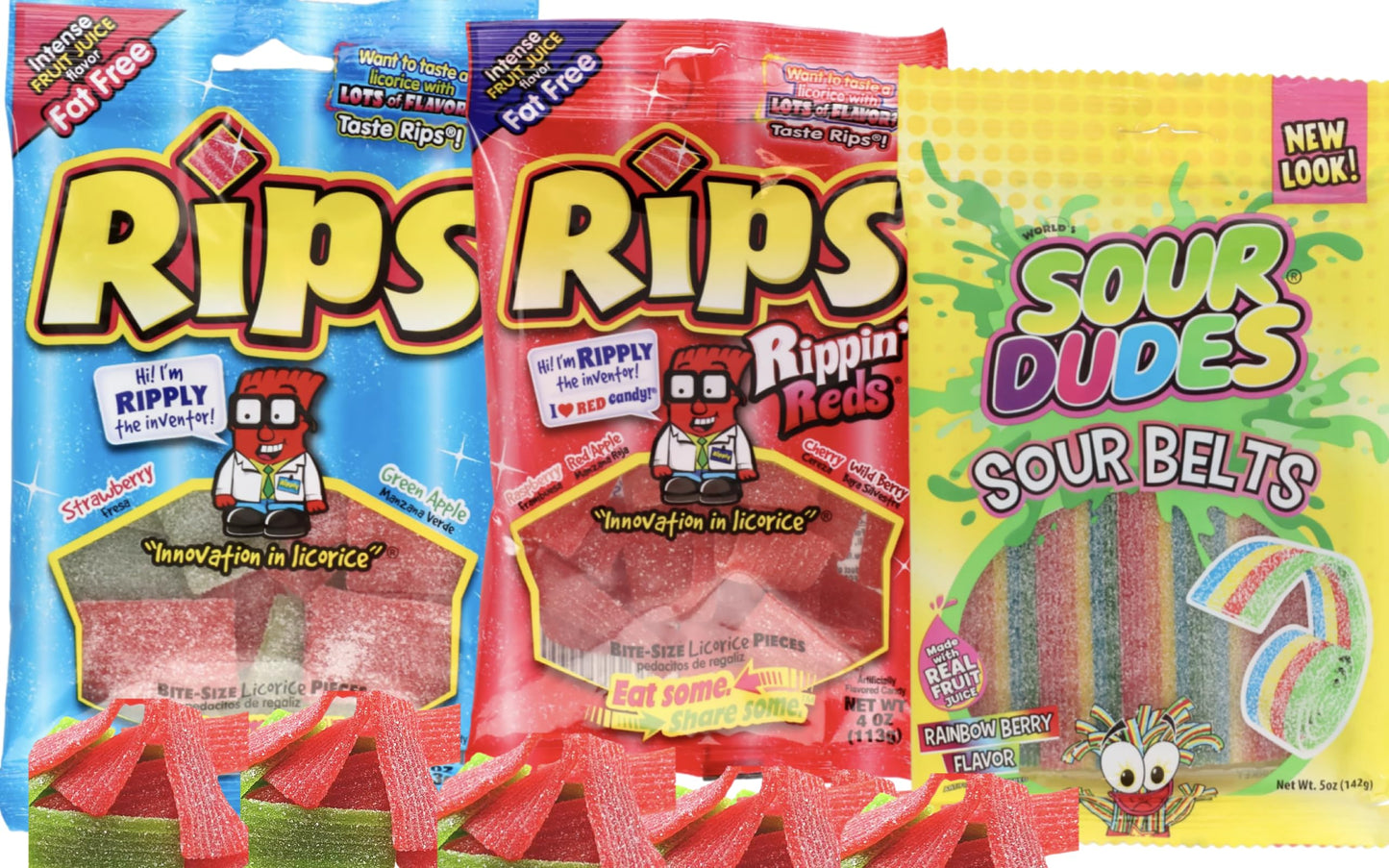 Licorice Bite Size Candy Real Fruit Juice Flavored Fat Free Rips Candies (4oz) and Sour Dudes | Strawberry, Raspberry,Cherry, Wi