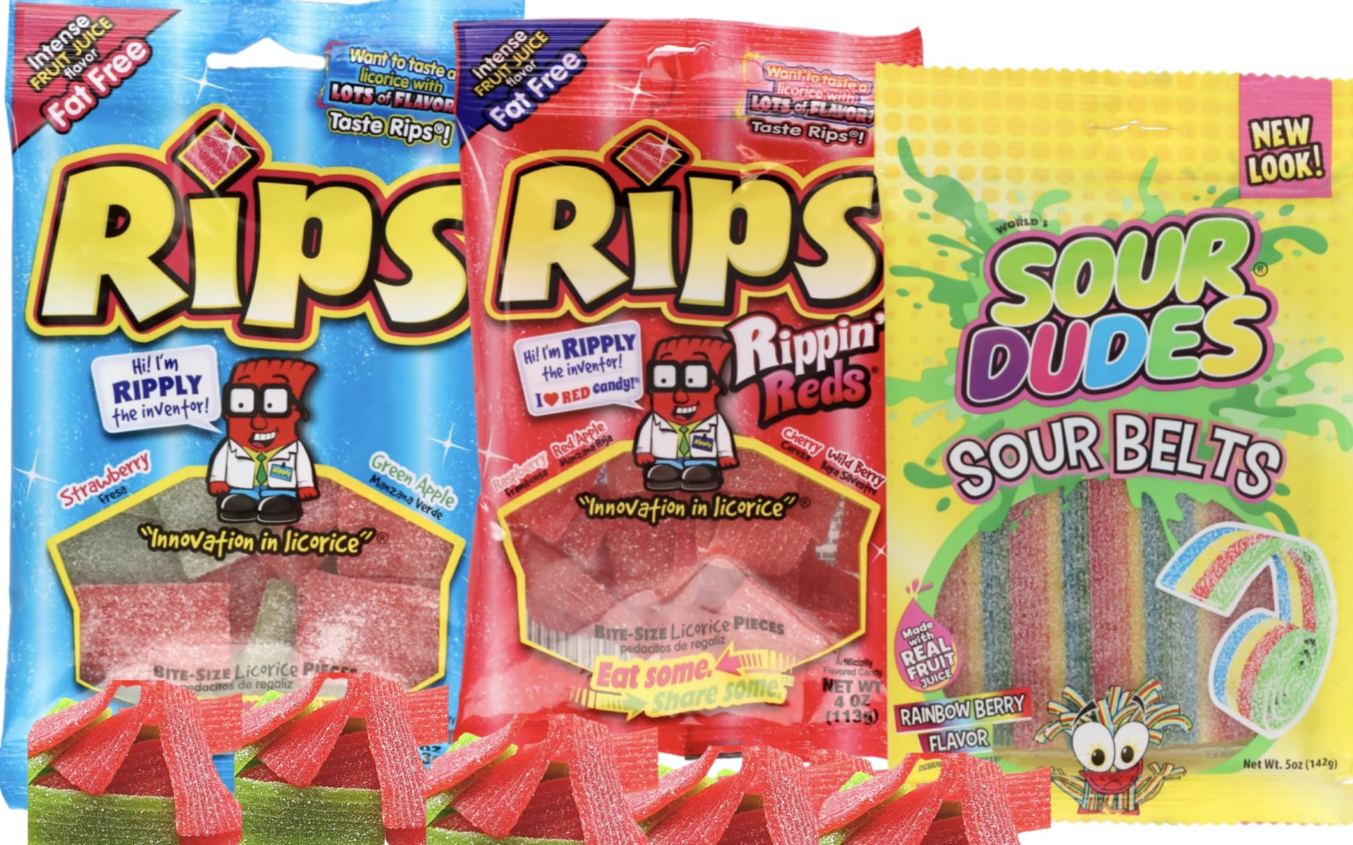 Licorice Bite Size Candy Real Fruit Juice Flavored Fat Free Rips Candies (4oz) and Sour Dudes | Strawberry, Raspberry,Cherry, Wi