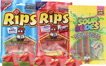 Licorice Bite Size Candy Real Fruit Juice Flavored Fat Free Rips Candies (4oz) and Sour Dudes | Strawberry, Raspberry,Cherry, Wi