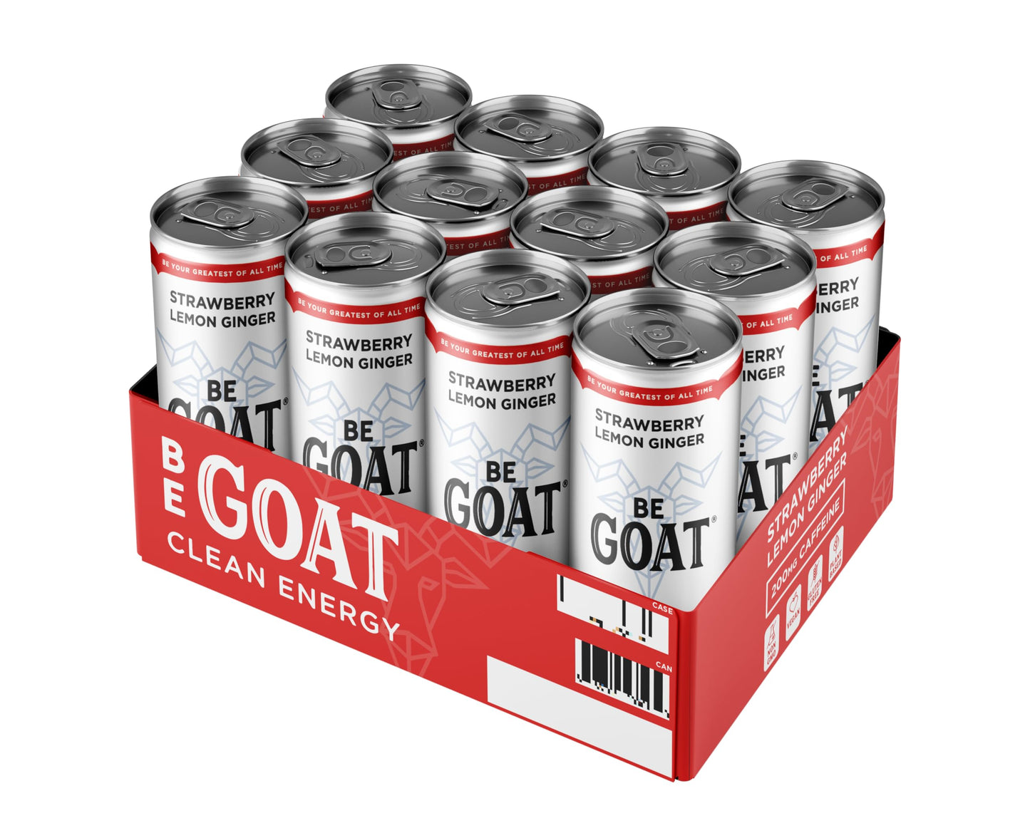 BeGOAT Strawberry Lemon Ginger Energy Drink | 200mg Caffeine | 12 Fl OZ | Vegan, Gluten-Free, Non-GMO, 35 Calories, 12 Pack
