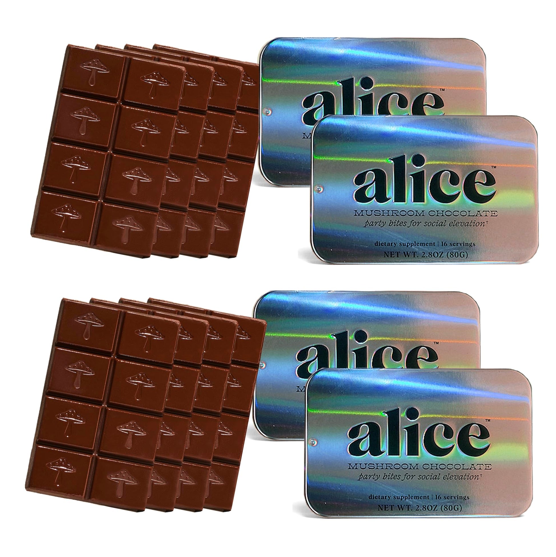 Alice Mushrooms Party Trick | Functional Mushroom Chocolate For Social Enjoyment | Cordyceps  Kanna & Nootropics For Shared Experiences - 4 Pack