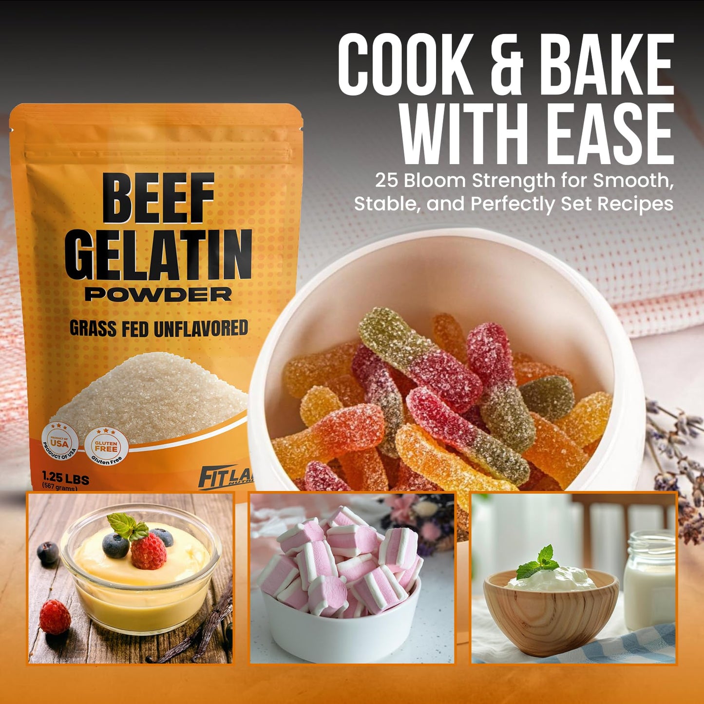 Beef Gelatin Powder 1.25 lbs - Grass-Fed  Unflavored  Non-GMO - enhanced Thickening Agent for Cooking & Baking - Perfect for Gummy Candy  Marshmallows and Sauces.