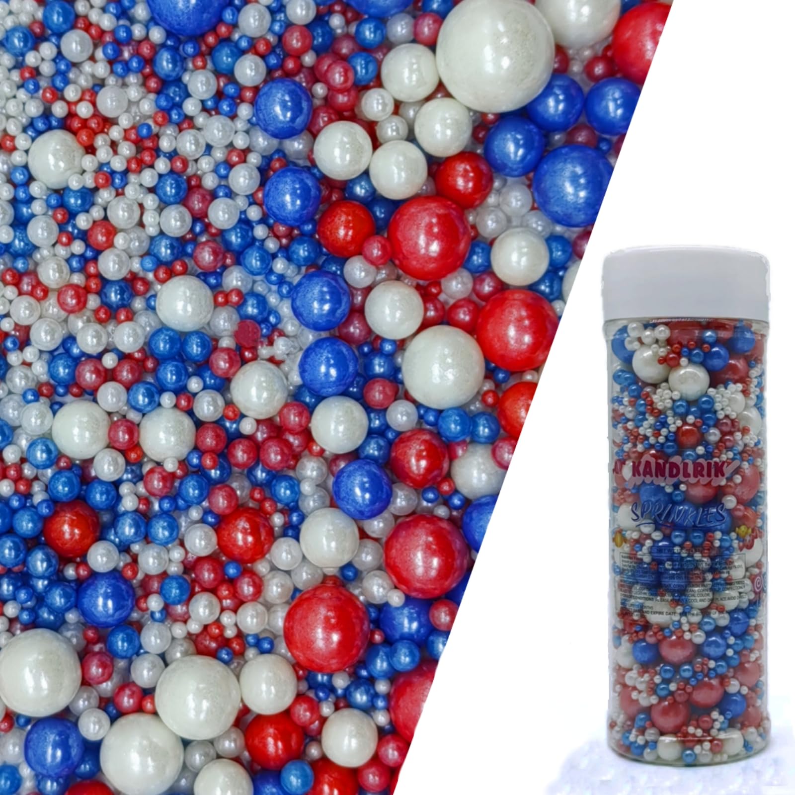 Edible Red & Blue & White Sugar Pearls Sprinkles Candy Mix Size Pearls Cake Decorations Cupcake Toppers Decorating Perfect for W